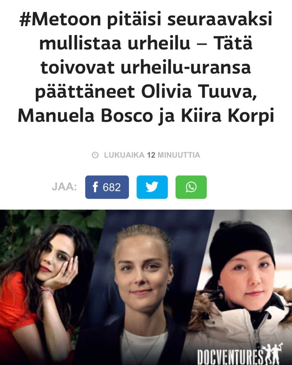 キーラ・コルピのインスタグラム：「#childrentoo❤️ Jes olemme nyt matkalla kohti ihmisläheisempää, kokonaisvaltaisempaa, luovempaa, vapaampaa ja leikkisempää — MENESTYNEEMPÄÄ suomalaista urheilukulttuuria🇫🇮🥳💃🏻🕺🏾 Miten hurjan iloinen ja ylpeä olenkaan että juuri Suomessa urheilu on särkymässä EHJÄKSI, ja voimme tulevaisuudessa (ja osittain jo nyt) toimia inspiroivana esimerkkinä muille maille...🙏🏼🇫🇮🌍 Kiitos @oliviatuuva, @manuelabosco, @rikurantala, @tunnamilonoff, Mikko Salasuo & @docventures ja monet, MONET muut tutut ja tuntemattomat seuroissa, liitoissa, järjestöissä, kotona, halleilla, pelikentillä, huoltojoukoissa, mediassa, politiikassa, tieteessä, jne — KIITOS teille kaikille, jotka teette päivittäin sydän edellä töitä lasten ja nuorten hyvinvoinnin eteen urheilussa!!!!💙 Linkki tähän juttuun biossa. “Haastateltavien mielestä ei ole yhteiskunnan alaa, joka ei #metoo:ta kaipaisi. – Tämä ei todellakaan ole mikään urheilun tai elokuvan tai taiteen tai politiikan asia, tämä on meidän kaikkien asia, Manuela Bosco sanoo. Olivia Tuuva haluaa korostaa sitä, etteivät huonot kokemukset pyyhi pois myönteisiä, vaan hänellä on uraltaan molempia. – Lajina taitoluistelu on monipuolinen, kehittävä ja tosi hyvä, mutta tehtäisiinkö siitä vielä parempi ympäristö? hän kysyy. Nyt puhutaan siis #metoo:sta urheilussa, liikunnassa ja urheiluseuratoiminnassa – jossa messissä on lähes puolet 7–18-vuotiaista suomalaisista. Urheilun #metoo:sta puhuttaessa kannattaa muistaa, ettei kyse ole pelkästään seksuaalisesta hyväksikäytöstä vaan erilaisista, usein hienovaraisista vallan väärinkäytön muodoista.” @muusivirta」