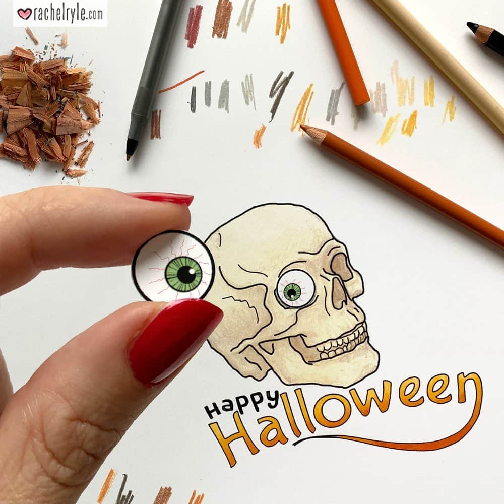 Rachel Ryleさんのインスタグラム写真 - (Rachel RyleInstagram)「“Eye” am busting out the gore & getting ready for Halloween! Who’s ready for some spook?! As some of you may remember, I started animating a witchy piece last October….that was completely cursed from the start. In the midst of animating many little things started going wrong. At first I threw a fit, and then hours into filming I eventually threw in the towel. Now a year later, with plenty of time to think it through, and I am determined to bring this one to life! I’m fixing & finishing all the details that will *hopefully* make it work for this Halloween! Sit tight & look for it on the 31st! Also, I wanted to post this teaser to let you know that I am alive & well & still creating (a lot)! Sadly I haven’t been posting very much, as I have been booked & busy on a big project that I’ll be sharing in early November! I wish I could create & post more often, but there’s simply only so much my hands can make at once. Just know that I’m happy, healthy & well creating daily over here in my Brooklyn studio! I’ll continue to post more teasers in my Story. Exciting things are coming soon…promise! PS Clearly I have artist guilt for not posting lately...it happens! 👻 #art #drawing #illustration #halloween #teaser #bts #skull #gore #throwbackthursday #tbt #intheworks #comingsoon」10月10日 21時55分 - rachelryle