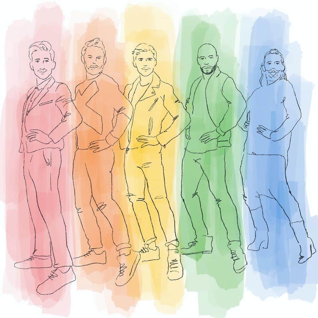 Apricots Artのインスタグラム：「❤️🧡💛💚💙 These boys are literally just so fab!! So excited about the new episodes coming🇯🇵 . 『クィアアイ』ハマりにハマっております🔥  Illusted by Mina」