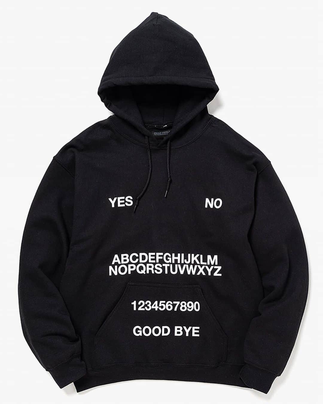 ケンゾーミナミのインスタグラム：「I am very late on these, but also for DEAD FEELINGS FW19, winter hoodie versions of these design “OUIJA” from previous season last year (SS19) has been at shops since August. This is black version. (Photos repost from @coverchord)  @nepenthes.official  @nepenthes_newyork  少し告知が遅くなりましたが、去年前シーズン19年春夏にTシャツを出した「OUIJA」の冬バージョンのHoodieもDEAD FEELINGS 19年秋冬用に8月から店頭に並んでおります。」
