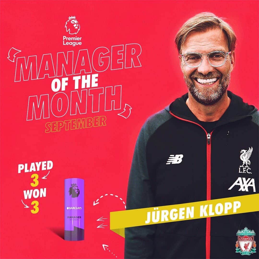 リヴァプールFCさんのインスタグラム写真 - (リヴァプールFCInstagram)「BOSS ❤️ Jürgen Klopp named @premierleague Manager of the Month 🙌 #LFC #LiverpoolFC #PremierLeague #PL」10月11日 20時01分 - liverpoolfc