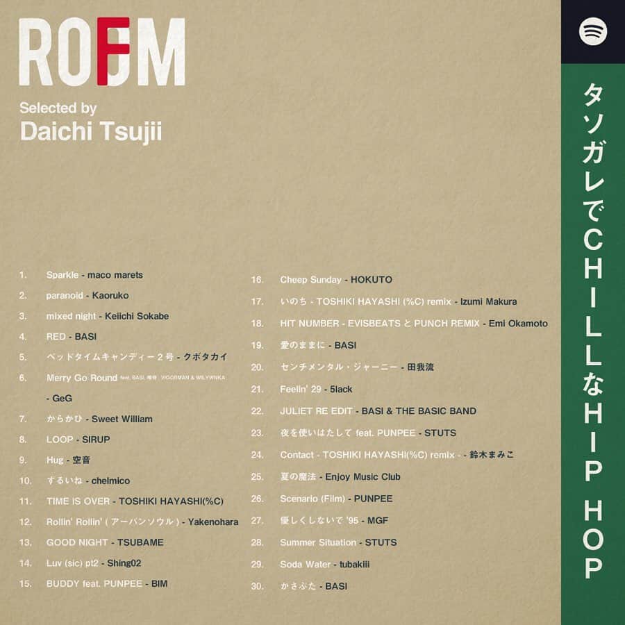 room onziemeさんのインスタグラム写真 - (room onziemeInstagram)「📻🎧📻﻿ ﻿ 【Recommend】﻿ ﻿ - ROOMFM -﻿ ﻿ 独自のテーマに沿った選曲を、﻿ あらゆるクリエイターが展開する「ROOMFM」﻿ ﻿ "タソガレでCHILLなHIP HOP"﻿ Selected by Daichi Tsujii﻿ @daichicrew_tsgr﻿ ﻿ ---------------------﻿ ﻿ 1.  parkle - maco marets﻿ 2.  paranoid - Kaoruko﻿ 3.  mixed night - Keiichi Sokabe﻿ 4.  RED - BASI﻿ 5.  ベッドタイムキャンディー2号 - クボタカイ﻿ 6.  Merry Go Round feat. ﻿ BASI, 唾奇, VIGORMAN & WILYWNKA - GeG﻿ 7.  からかひ - Sweet William﻿ 8.  LOOP - SIRUP﻿ 9.  Hug - 空音﻿ 10. ずるいね - chelmico﻿ 11. TIME IS OVER - TOSHIKI HAYASHI(%C)﻿ 12. Rollin' Rollin' (アーバンソウル) - Yakenohara﻿ 13. GOOD NIGHT - TSUBAME﻿ 14. Luv (sic) pt2 - Shing02﻿ 15. BUDDY feat. PUNPEE - BIM﻿ 16. Cheep Sunday - HOKUTO﻿ 17. いのち - TOSHIKI HAYASHI (%C) remix - ﻿ Izumi Makura﻿ 18. HIT NUMBER -EVISBEATSとPUNCH REMIX- ﻿ Emi Okamoto﻿ 19. 愛のままに - BASI﻿ 20. センチメンタル・ジャーニー - Dengaryu﻿ 21. Feelin' 29 - 5lack﻿ 22. JULIET RE EDIT - BASI & THE BASIC BAND﻿ 23. 夜を使いはたして feat. PUNPEE - STUTS﻿ 24. Contact - TOSHIKI HAYASHI(%C) remix-﻿ Mamiko Suzuki﻿ 25. 夏の魔法 - Enjoy Music Club﻿ 26. Scenario (Film) - PUNPEE﻿ 27. 優しくしないで'95 - MGF﻿ 28. Summer Situation - STUTS﻿ 29. Soda Water - tubakiii﻿ 30. かさぶた - BASI﻿ ﻿ ﻿ ↑プロフィールURL内「ROOMFM」にてチェック﻿ ﻿ --------------------------------------------﻿ #room_jp」10月13日 20時35分 - room_jp