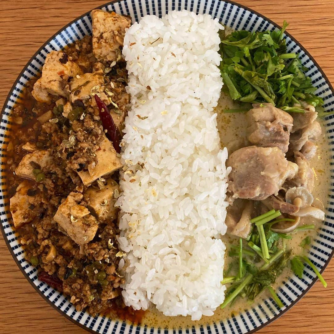 クボタマサヒコさんのインスタグラム写真 - (クボタマサヒコInstagram)「陳麻婆豆腐 x グリーンカレー あいがけ 最後は混ぜて食べても美味しい  レシピ☞@kubota_shokudo #クボタ食堂 #麻婆豆腐 #グリーンカレー」10月14日 16時32分 - kubota_masahiko