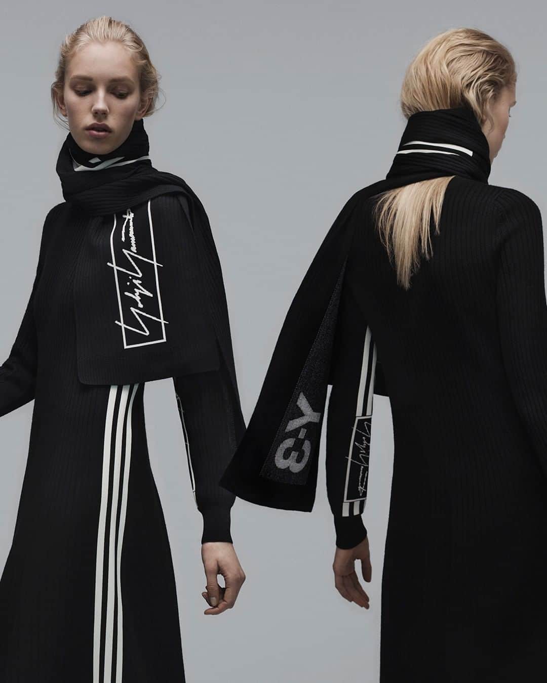 ワイスリーのインスタグラム：「Y-3 Tech Knit Dress and Y-3 Scarf 3 Stripes. Y-3 Fall Winter 2019. --- #adidas #Y3 #YohjiYamamoto  Discover the collection at Y-3.com」