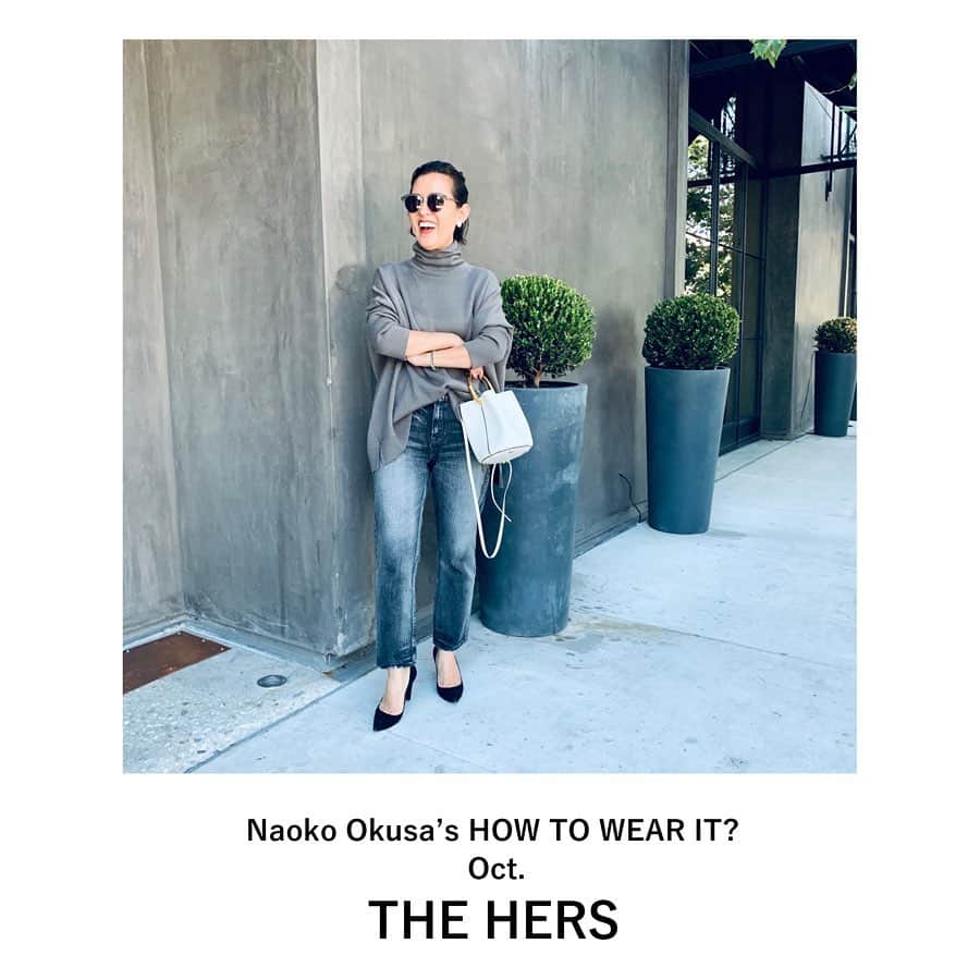 のインスタグラム：「Naoko Okusa’s ﻿ "HOW TO WEAR IT?"﻿ in Los Angeles﻿ ＿＿＿＿＿＿＿＿＿＿＿＿＿＿＿＿﻿ ﻿ Recommend model 02.﻿ 【THE HERS】﻿ ﻿ Style : 825307-BDA﻿ #BLACKDIAMOND﻿  23,000 yen + tax﻿ ＿＿＿＿＿＿＿＿＿＿＿＿＿＿＿＿﻿ ﻿ ﻿  立体的な加工のおかげで、﻿ メリハリのある脚に見えるのがすごい。﻿ ﻿ 何色にでも合わせられる絶妙な色出しで、﻿ 秋冬のカラリングにマッチしてくれそうです。﻿ ﻿ デニムをドラマティックに見せてくれる、﻿ 赤やボルドーの口紅とも、﻿ 相性が良さそう♡﻿ ﻿ ﻿ by Naoko Okusa﻿ ﻿ ＿＿＿＿＿＿＿＿＿＿＿＿＿＿＿＿﻿ ﻿ *着用サイズ 24 / 身長 #162cm﻿ ﻿ 大草直子さんによる着回し連載﻿ シーズンの注目アイテムをご紹介！﻿ ﻿ その他の商品情報や﻿ お取り扱い店舗につきましては﻿ 下記の代表窓口へお問い合わせくださいませ。﻿ 03-5728-8788﻿ ＿＿＿＿＿＿＿＿＿＿＿＿＿＿＿＿﻿ ﻿ #howtowearit #着回し #連載 ﻿ @naokookusa #大草直子 さん ﻿ @ayaco_suzu ﻿ @upperhights ﻿ #upperhights #new﻿ #denim #jeans #shooting #LA﻿ #アッパーハイツ #デニム #ジーンズ﻿ #ミッドライズ #ボーイフレンドデニム﻿ #ootd #outfit #intheknowgl」