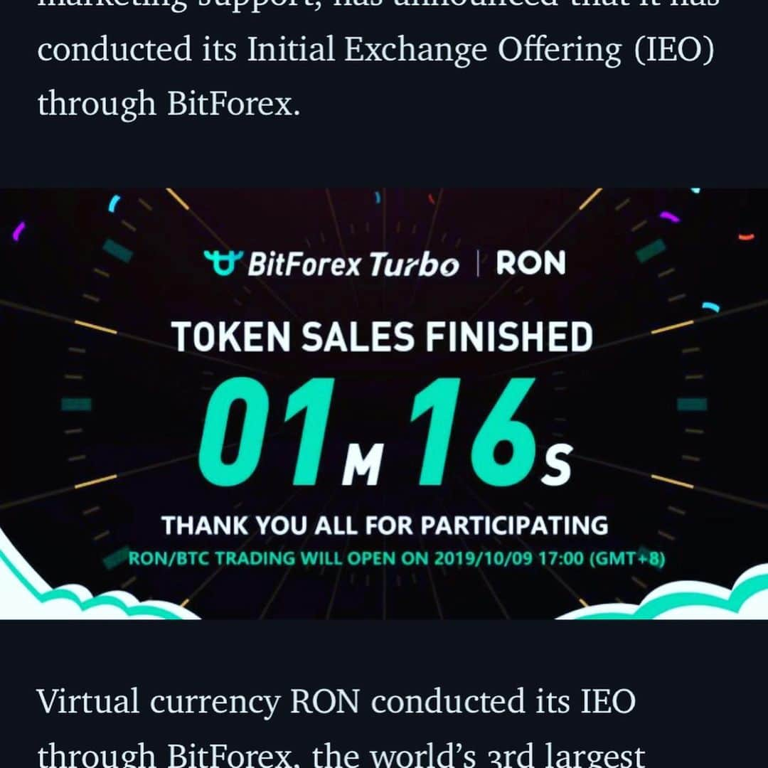 久積篤史のインスタグラム：「IEO実施。『76秒で約1億円の資金を調達』『新規上場後は2000%の価格上昇↑』　やり抜きました。 . . RONステージングプランを公開したら、次は" App PATRON "のリリースです😉 . #IEO #RON  #RONCOIN $RON #PATRON #BITFOREX  #パトロン　#ロンコイン　#仮想通貨 #暗号資産　#暗号通貨　#cryptocurrency . . タイムイノベーションによる「クロノコイン」明日BITFOREXへ新規上場！」