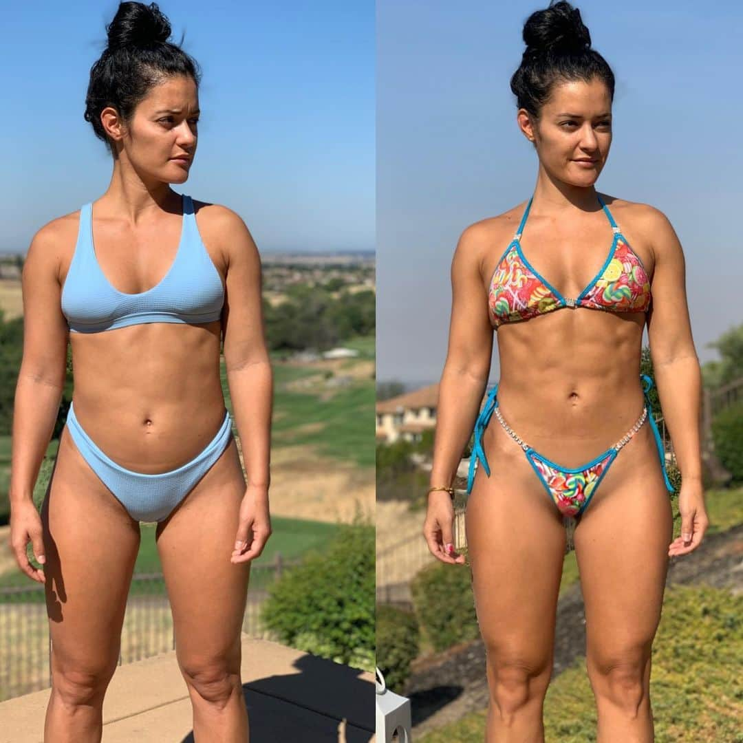 Jessica Arevaloさんのインスタグラム写真 - (Jessica ArevaloInstagram)「Do you prefer left or right picture? People always say the thicker one but let’s be honest!😂 - 7 pounds & 10 weeks between these 2 pictures. On the left I weighed 123 pounds and on the right I weigh 116 pounds. - 10 weeks ago I started lifting in the gym more consistently again and started some what tracking my macros again with the thought of competing. - I knew I’d be traveling over the next 10 weeks to Florida, Maldives, Mexico & Bahamas. But going hard while I was at home and then maintaining my weight on vacations by not over indulging was the plan. - To now be sitting at 116 pounds which is 6 pounds from stage weight isn’t a bad place to be considering the travels during these last 10 weeks. Y’all know I like being real with you and we are all on this continuous fitness journey for life. I am not ALWAYS shredded. I am not always motivated. I am not always perfect on my diet & lifting but I can tell you when it is GRIND time I go hard and I don’t break my discipline for anything!💯 -」10月15日 9時06分 - jessicaarevalo_