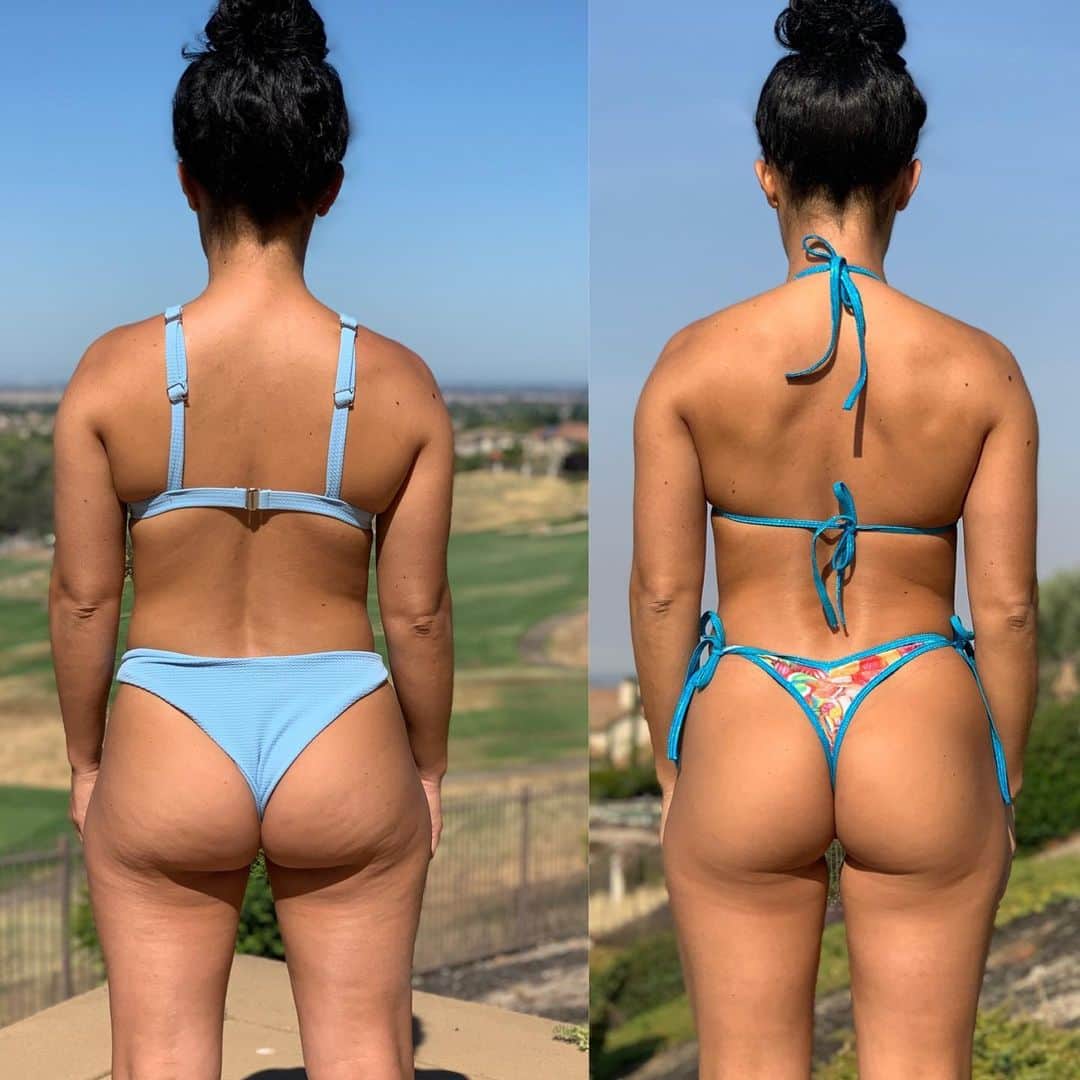 Jessica Arevaloさんのインスタグラム写真 - (Jessica ArevaloInstagram)「Do you prefer left or right picture? People always say the thicker one but let’s be honest!😂 - 7 pounds & 10 weeks between these 2 pictures. On the left I weighed 123 pounds and on the right I weigh 116 pounds. - 10 weeks ago I started lifting in the gym more consistently again and started some what tracking my macros again with the thought of competing. - I knew I’d be traveling over the next 10 weeks to Florida, Maldives, Mexico & Bahamas. But going hard while I was at home and then maintaining my weight on vacations by not over indulging was the plan. - To now be sitting at 116 pounds which is 6 pounds from stage weight isn’t a bad place to be considering the travels during these last 10 weeks. Y’all know I like being real with you and we are all on this continuous fitness journey for life. I am not ALWAYS shredded. I am not always motivated. I am not always perfect on my diet & lifting but I can tell you when it is GRIND time I go hard and I don’t break my discipline for anything!💯 -」10月15日 9時06分 - jessicaarevalo_