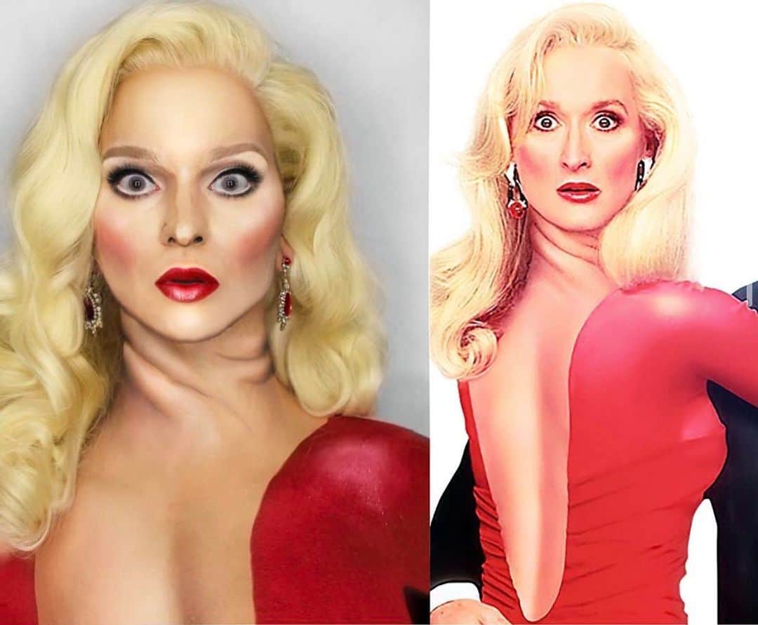 A riel D iazのインスタグラム：「FLAAAAAAAACCCIIIIIIDDDDD Meryl Streep in Death becomes her recreation. Done comepletely in makeup, no special fx.  Eyes: @anastasiabeverlyhills taupe brow pomade, fawn & bone eyeshadows. @ardell_lashes Demi wispies stacked. @lagirlcosmetics white & black liners. @fantasyaccessorybox  gray  contacts ✨  Lips: covered with concealer & redrawn with @maccosmetics cherry liner, @hourglasscosmetics icon lipstick, @anastasiabeverlyhills socialite gloss.  Face: @katvondbeauty lock it foundation, @anastasiabeverlyhills fawn contiur stick, @kevynaucoin sensual skin enhancer & medium songour powder from @frendsbeauty.  Chest is done with @mehronmakeup paradise paint in beach berry, red, white & black. All products on face used on neck as well.  Wig made and styled by the amazing @websterwigs ✨」