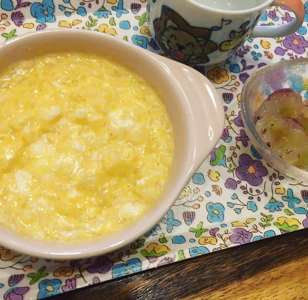 六車奈々さんのインスタグラム写真 - (六車奈々Instagram)「寒い朝。 せりには、あったか〜い卵雑炊を作ってあげました。 ブドウは皮を剥いて、タネとって^_^  今日も元気に楽しんでおいでー！  #お家ごはん #卵雑炊 #朝ごはん #いってらっしゃい #娘ごはん」10月16日 10時51分 - nanarokusha