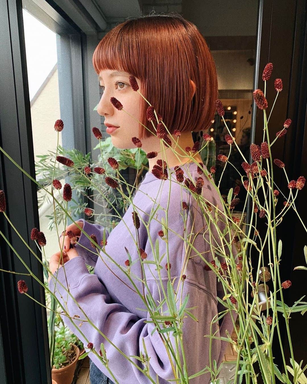 齋藤愛さんのインスタグラム写真 - (齋藤愛Instagram)「@aya_stephanie さらにミニミニボブに✂︎ えんじ色のボブなんて最高に可愛いな〜 (たまたまあった植物と同じ色だったね)」10月16日 20時35分 - ai___saitoo
