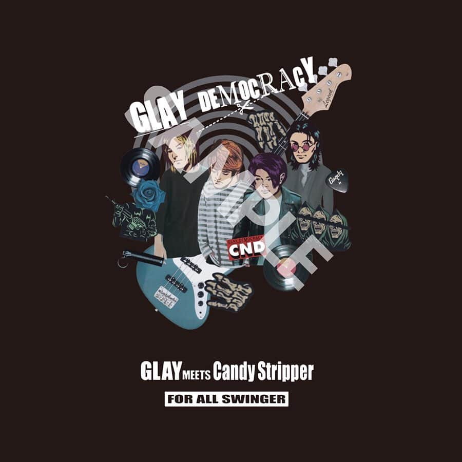 板橋よしえさんのインスタグラム写真 - (板橋よしえInstagram)「GLAY & Candy Stripperの25周年を記念してコラボレーションTシャツをデザインさせてもらいました！ メンバーの顔をイラストで描き起こし、マイクやベース、ピックなど音楽にまつわるアイテムたちをコラージュしたTシャツです。 バックプリントはツアースケジュールがプリントされています🗓  2019年11月9日（土）サンドーム福井よりスタートとなるGLAY ARENA TOUR 2019-2020 DEMOCRACY 25TH HOTEL GLAY THE SUITE ROOMのライブGOODSとして発売します。 G-DIRECTにて10/28（月）23:59まで先行発売中！ #GLAY #candystripper」10月16日 23時13分 - candy_yoshie