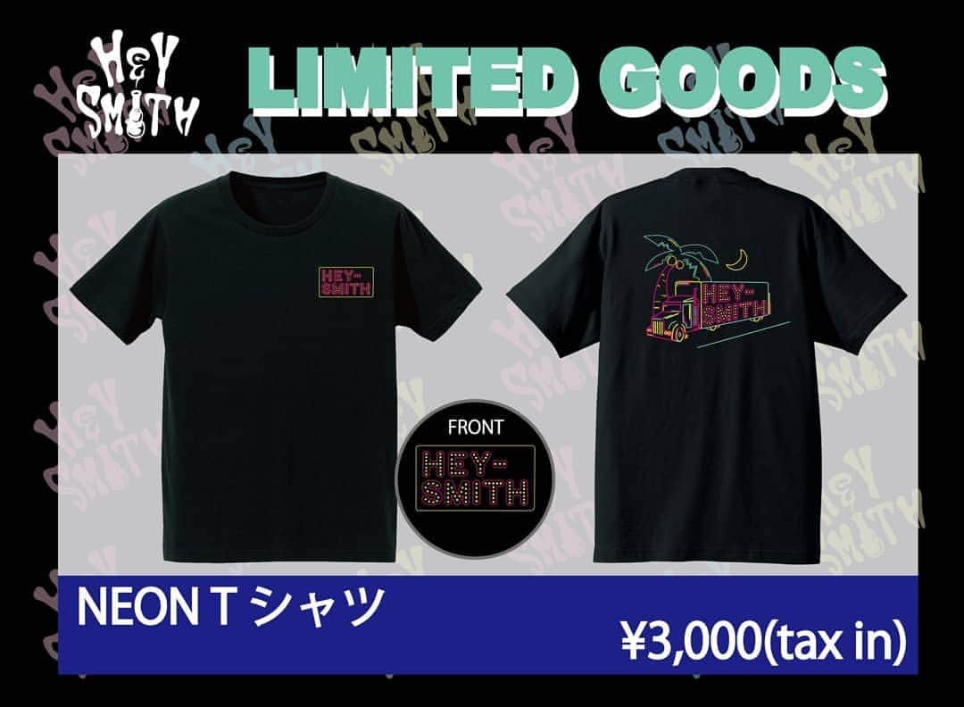 HEY-SMITHのインスタグラム：「【GOODS情報】  ライブに来れないお客様からの 多数のリクエストにより 今後、通販で買えるTシャツなどを定期的に販売します！ ※全アイテム数量限定です。  第一弾 NEON Tシャツが登場！ MARIAロンT、PLATE Tシャツも復活！  明日、今期の冬グッズを発表します！  通販サイト http://squidarmy.com/?mode=cate&cbid=1289409&csid=0」