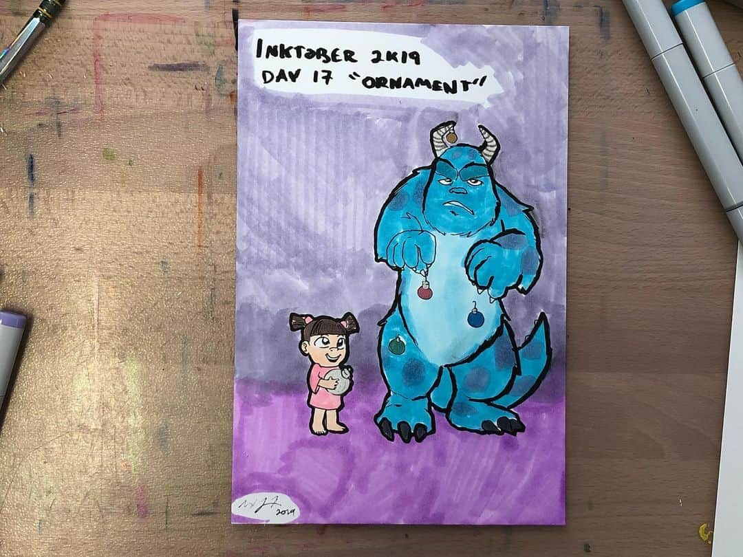 マックス・セットレージのインスタグラム：「#inktober2k19 day 17 “Ornament” featuring Sully and Boo! Suggested by @mandyyromero」