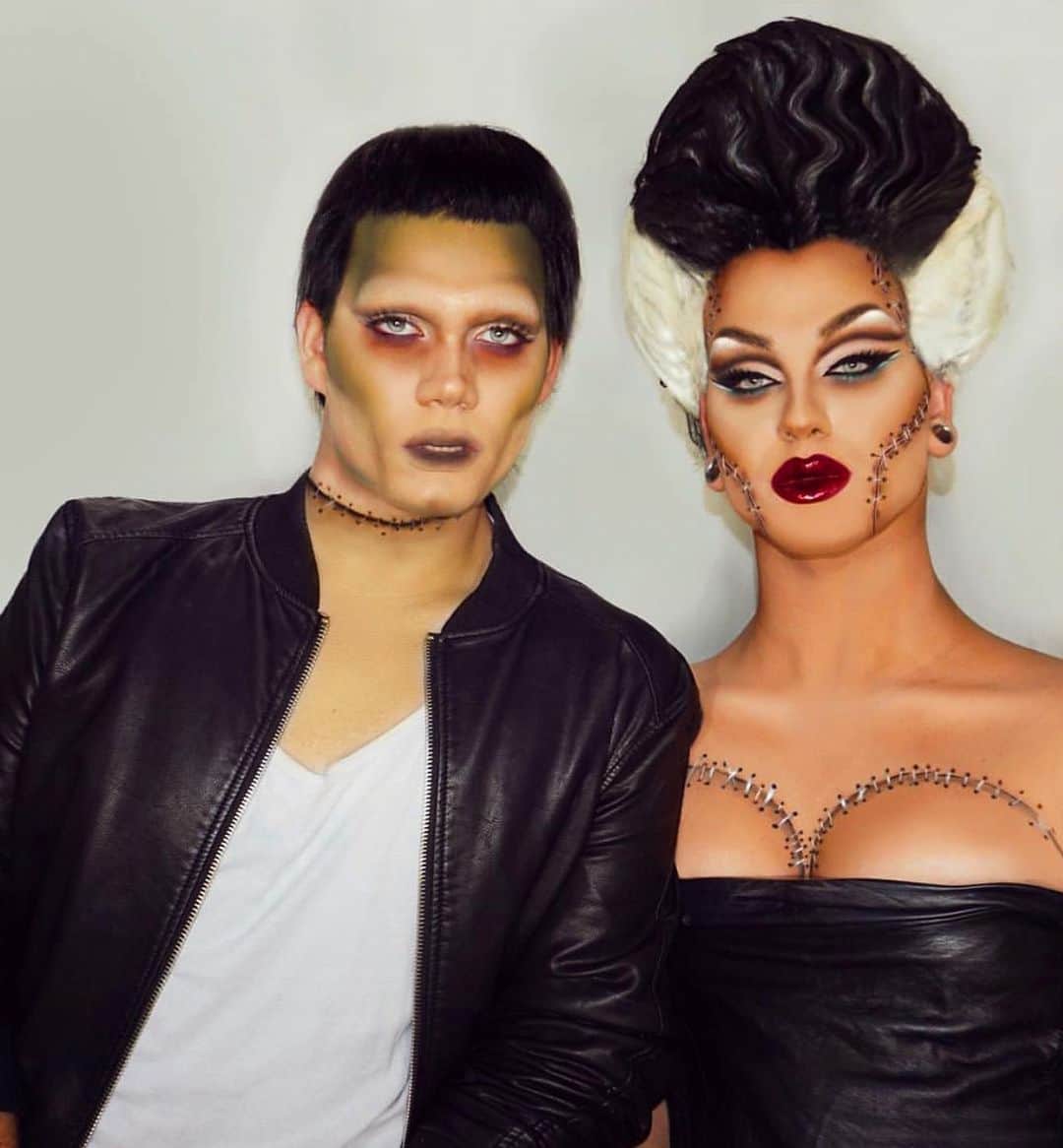A riel D iazのインスタグラム：「Glamkenstein & The bride of Glamkenstein  both make ups by me, both custom wigs by @hairhegoes @powderroomd My makeup was inspired by @therickbaker 🙌🏽 Thank you @petermazilu for lending me your face 🥴」