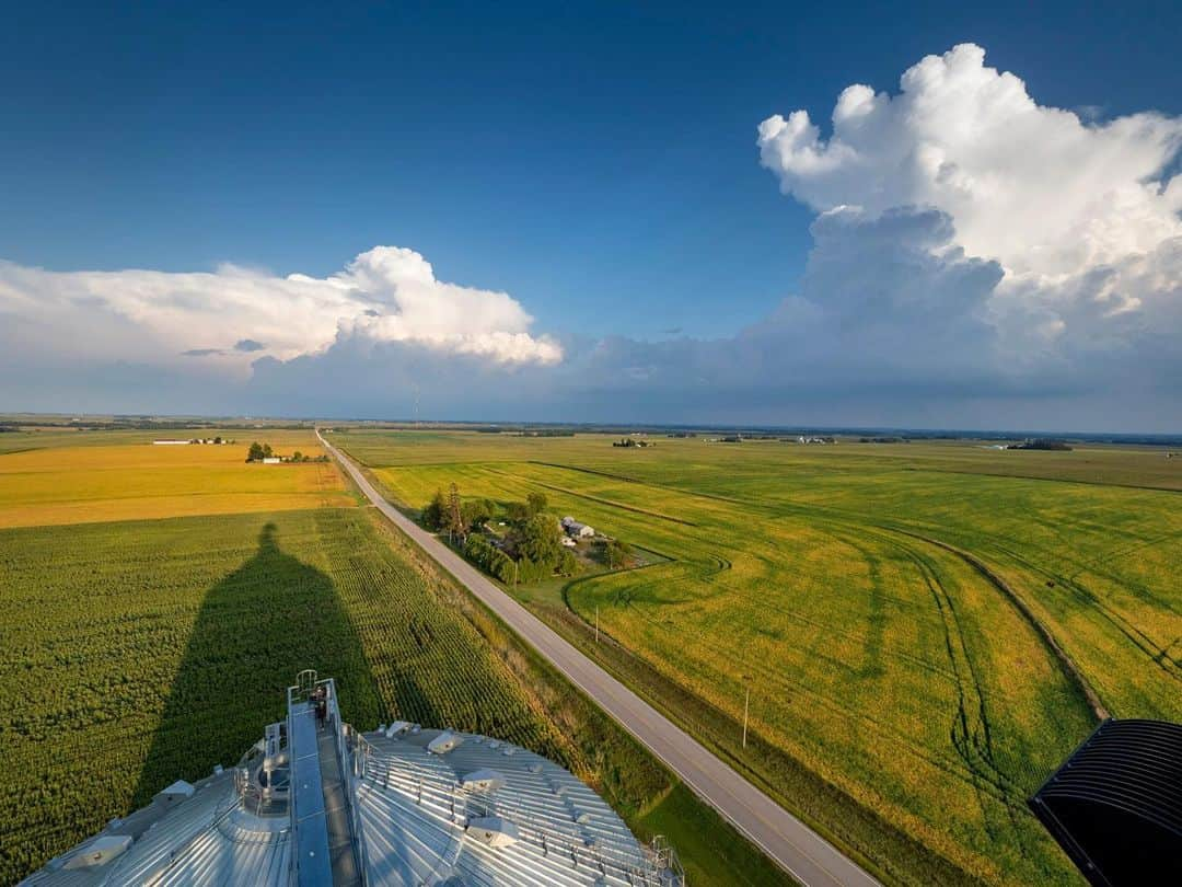 ナショナルジオグラフィックさんのインスタグラム写真 - (ナショナルジオグラフィックInstagram)「Photo by @jimrichardsonng // Sponsored by @IndigoAg // Rich Iowa farmland stretched to the horizon as I looked out from high atop farmer Ben Riensche’s grain bins. Thunderstorms were drenching farms over in the next county, but here it was all late afternoon sunshine and lush crops. Ben’s ancestors came to this part of Iowa around Jesup for its rich soil, a gift handed down by ancient glaciers and millennia of prairie growth that built up fertile topsoil several feet deep. Much carbon from that soil has been lost in 150 years of farming. Ben uses no-till farming and cover crops to rebuild the soil, which help capture carbon from the atmosphere and put it back in the ground where it can sustain crops. // @IndigoAg is unlocking agriculture’s potential to help reverse climate change. That’s the vision behind the Terraton Initiative, a global movement with the goal of using regenerative farming practices to take one trillion tons of carbon dioxide from the atmosphere. Follow @Terraton to see the progress.」10月19日 0時38分 - natgeo