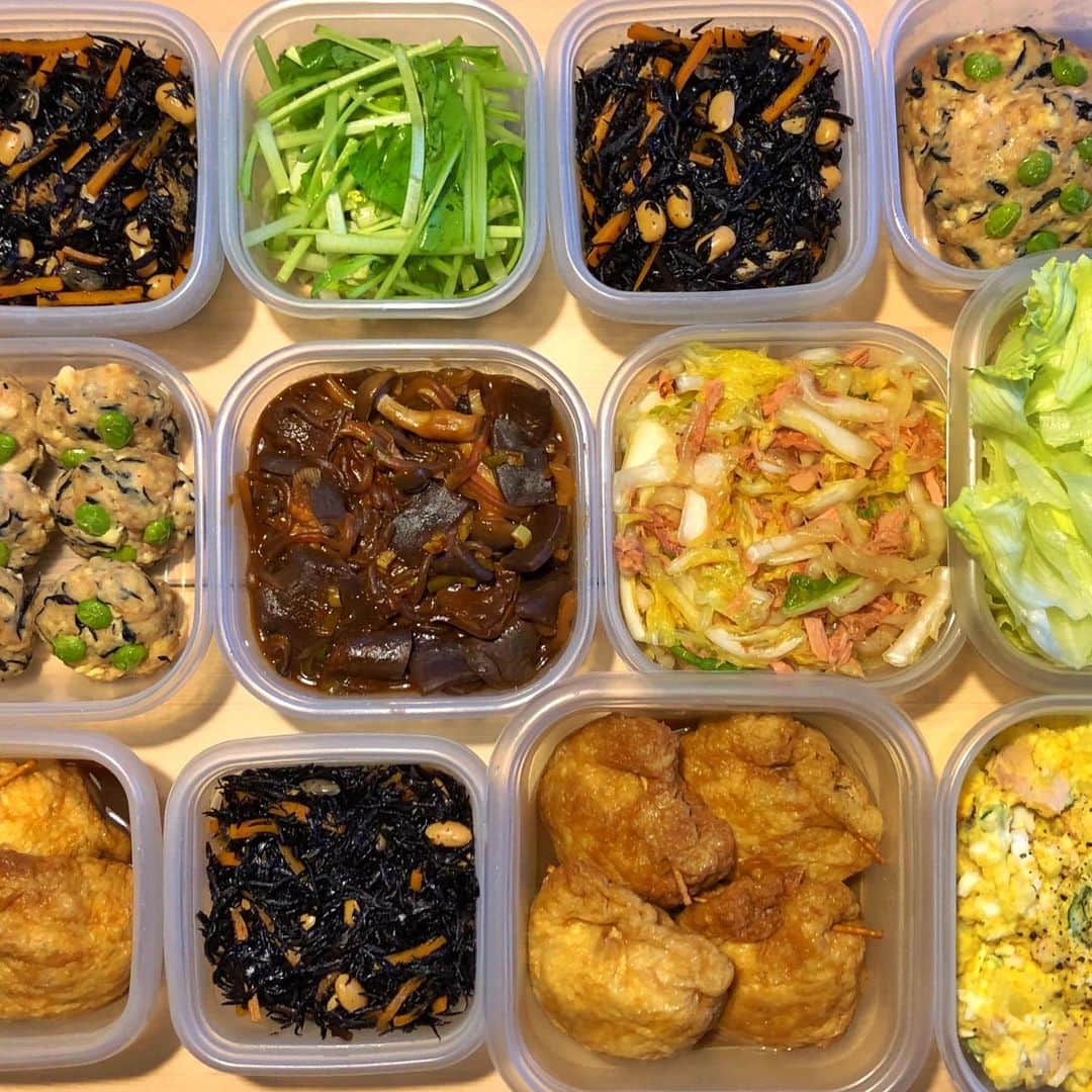 小鳥遊しほのインスタグラム：「両親が４.5日料理しなくて済むように作り置きおかず👨‍🍳親孝行はできるうちに！！茶色い料理は正義！！愛知独特の赤みそのどて煮が神々しい！ . . ◆どて煮 ◆王道ひじき ◆無限ツナ白菜 ◆スパイシーポテトサラダ ◆鶏豆腐ひじき枝豆団子 ◆常備葉野菜 . . #愛知 #名古屋 #豊田 #赤味噌 #料理 #作り置き #親孝行」