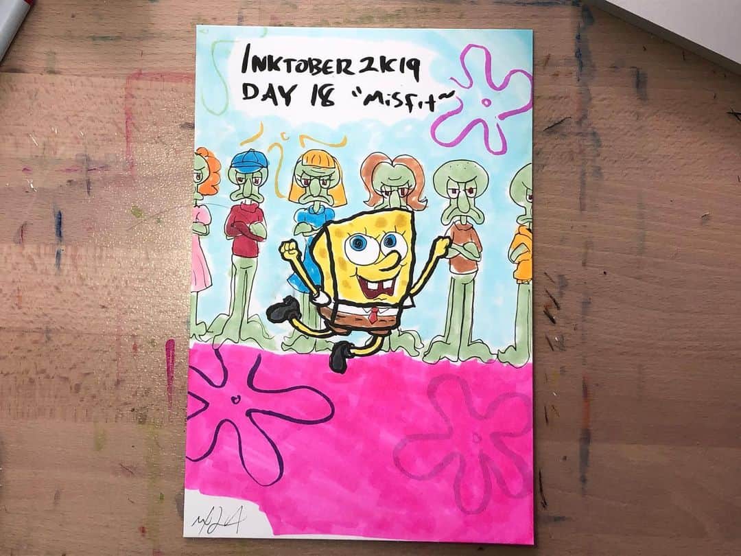 マックス・セットレージのインスタグラム：「#inktober2k19 day 18 “Misfit” featuring spingebob! I’m a sea of Squidwards be a Spongebob. Suggested by @kaloashley」