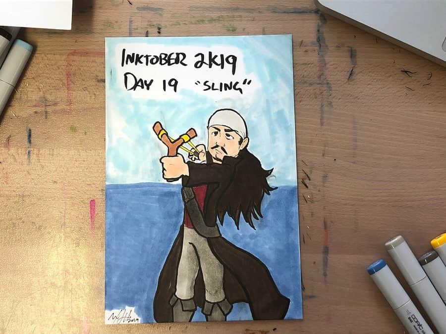 マックス・セットレージのインスタグラム：「#inktober2k19 Day 19 “Sling” featuring Will Turner and a very impractical weapon for a pirate to wield. Suggested by Courtney Kreiling」