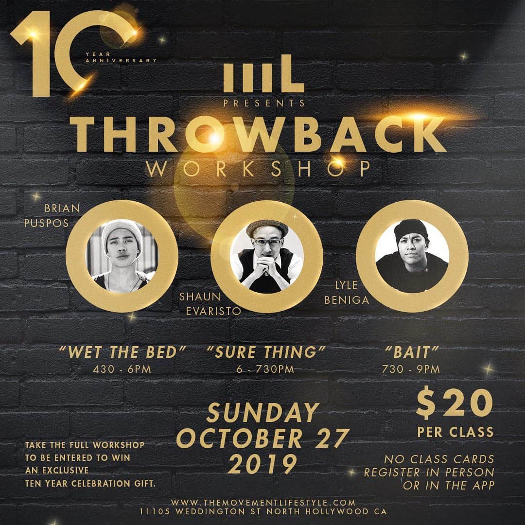 ショーン・エバリストのインスタグラム：「10 years of @movement.lifestyle 🎉  I never thought this would happen but we’re throwing it back and I’m actually going to be teaching my Miguel “Sure Thing” piece 👀😳🚨😱 . Not only that but we got @brianpuspos teaching “Wet the bed” and @lylebeniga teaching “Bait” . Lock in the date next week!!! OCT. 27, you know what to do🥂 Tell a friend damnit, let’s do this!」