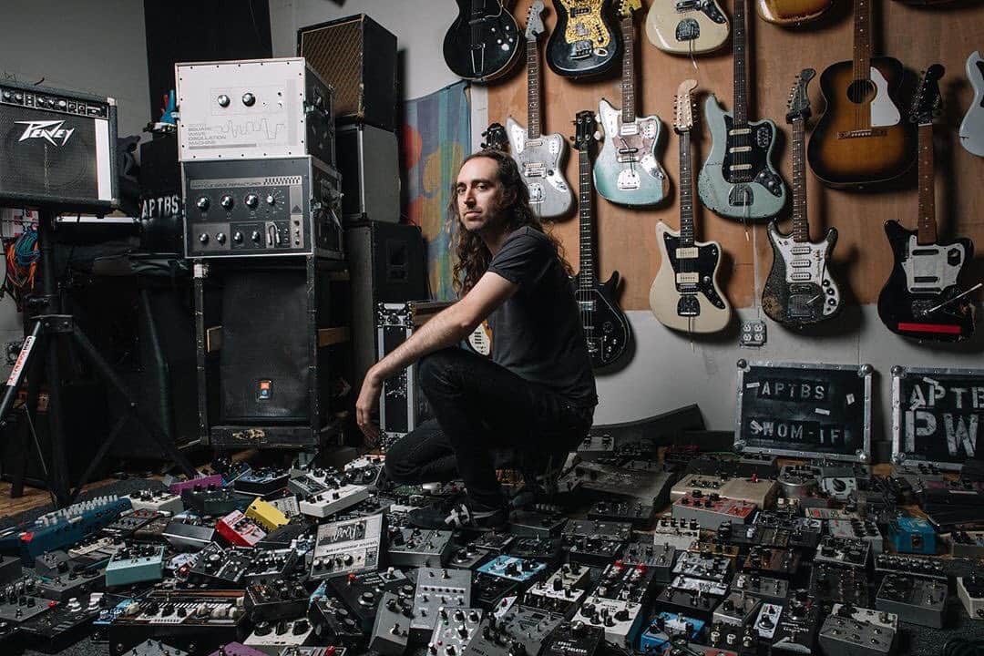 A Place to Bury Strangersのインスタグラム：「Repostt • @ebruyildiz #OliverAckermann on a mountain of pedals he collected over the years⚡️♥️⚡️ This photo is in a book called #PedalCrush that will be out in November 29th along with @alexmaiolo ‘s interview with Ollie. ♥️」