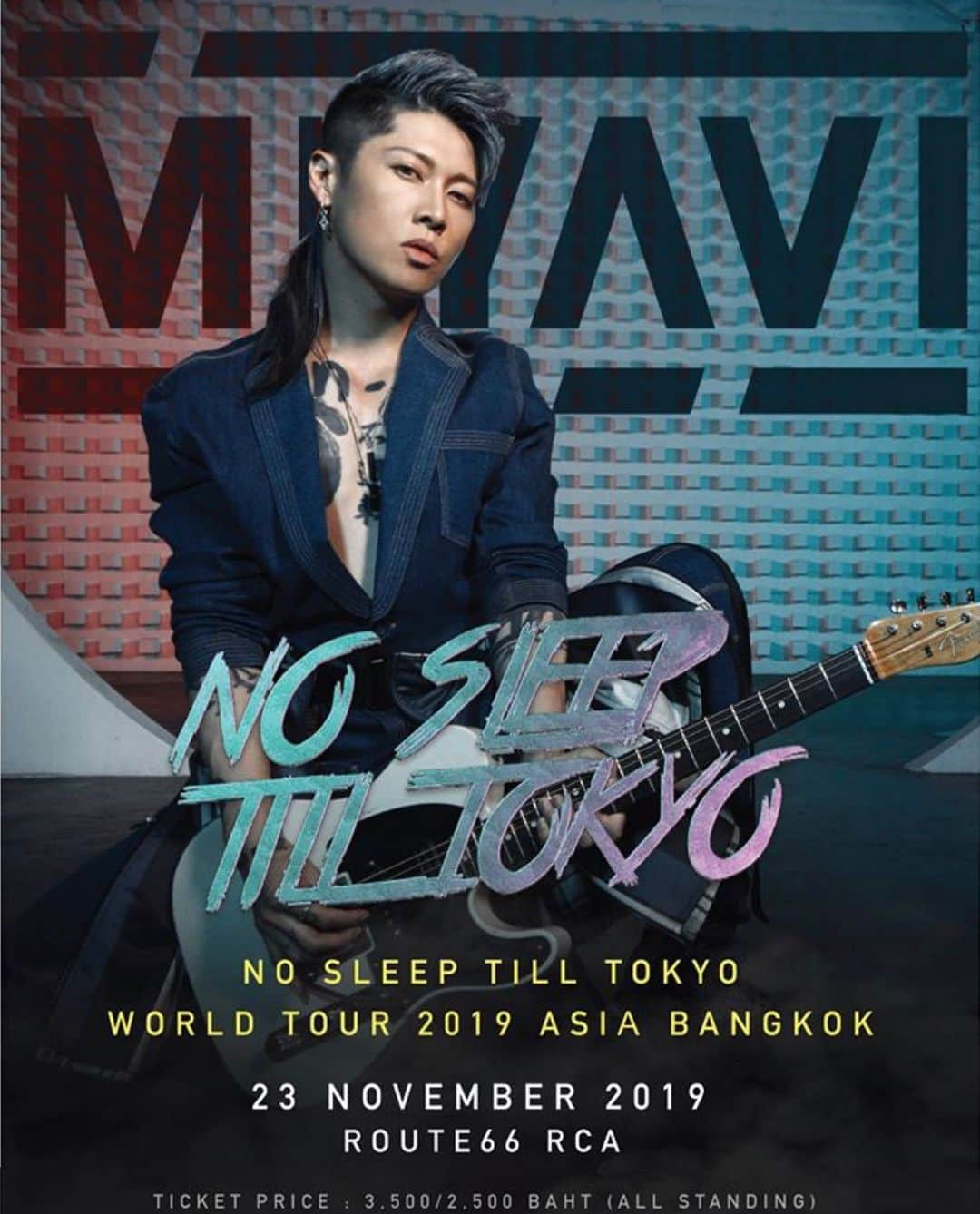 MIYAVI（石原貴雅）さんのインスタグラム写真 - (MIYAVI（石原貴雅）Instagram)「Important Announcement!  The Venue for MIYAVI NO SLEEP TILL TOKYO WORLD TOUR 2019 ASIA BANGKOK, taking place on 23 November 2019, 6pm (Door opens: 5.30pm) will be changed to Route66, RCA. The seating plan and ticket benefit remains unchanged. There will be no age restriction for this event.  Those who have already received the ticket can use the original ticket to enter.  We apologize for any inconvenience this change may cause.  ประกาศเปลี่ยนแปลงสถานที่จัดคอนเสิร์ต  MIYAVI NO SLEEP TILL TOKYO WORLD TOUR 2019 ASIA BANGKOK ในวันที่ 23 พฤศจิกายน 2562  ไปยัง  Route 66 RCA เวลา 18:00 น. (ประตูเปิด 17:30 น.) โดยผังและสิทธิพิเศษไม่มีการเปลี่ยนแปลง และไม่จำกัดอายุการเข้าชม บัตรคอนเสิร์ตใบเดิมสามารถใช้เข้าชมได้โดยไม่ต้องเปลี่ยนบัตร  บริษัทขออภัยในความไม่สะดวกมา ณ โอกาสนี้ด้วยค่ะ  緊急案内！  １１月２３日に開催予定のMIYAVI NO SLEEP TILL TOKYO WORLD TOUR 2019 ASIA BANGKOKの会場が現地での諸事情によりRoute66, RCAに変更となりました。変更に伴いご来場の皆様にご迷惑をおかけしてしまい大変申し訳ございません。  開場・開演時間に変更はなく、会場は17:30、開演は18:00を予定しております。 *お買い求めいただいておりますチケットは変更先の会場でもお使いいただけます。 *チケット特典・整理券の順番も反映されます。 *会場に年齢制限はございません。  その他ご質問・お問い合わせはプロモーター・会場の方までお問い合わせください。  当日みなさまのご来場を心よりお待ちしております。  #MIYAVI #NOSLEEPTILLTOKYO #NSTT #ASIA #Thailand #Bangkok」11月14日 19時56分 - miyavi_staff