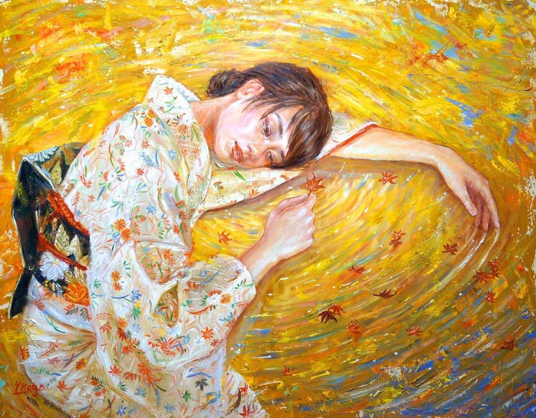 古賀陽子のインスタグラム：「“The Autumnal Melancholy” 2018, oil on canvas, 116.7cm×90.9cm "秋思" F50号  #人物画 #絵 #アート #ギャラリー #画家 #油絵 #カラー #portrait #figurepainting #figure #gallery #artist #portraitartist #painting #art #artwork #oilpainting #artstagram #instapainting #instajapan #instaart #instaartist #exhibition #exhibit #girl #color #beauty #アート好きな人と繋がりたい #古賀陽子 #yokokoga」