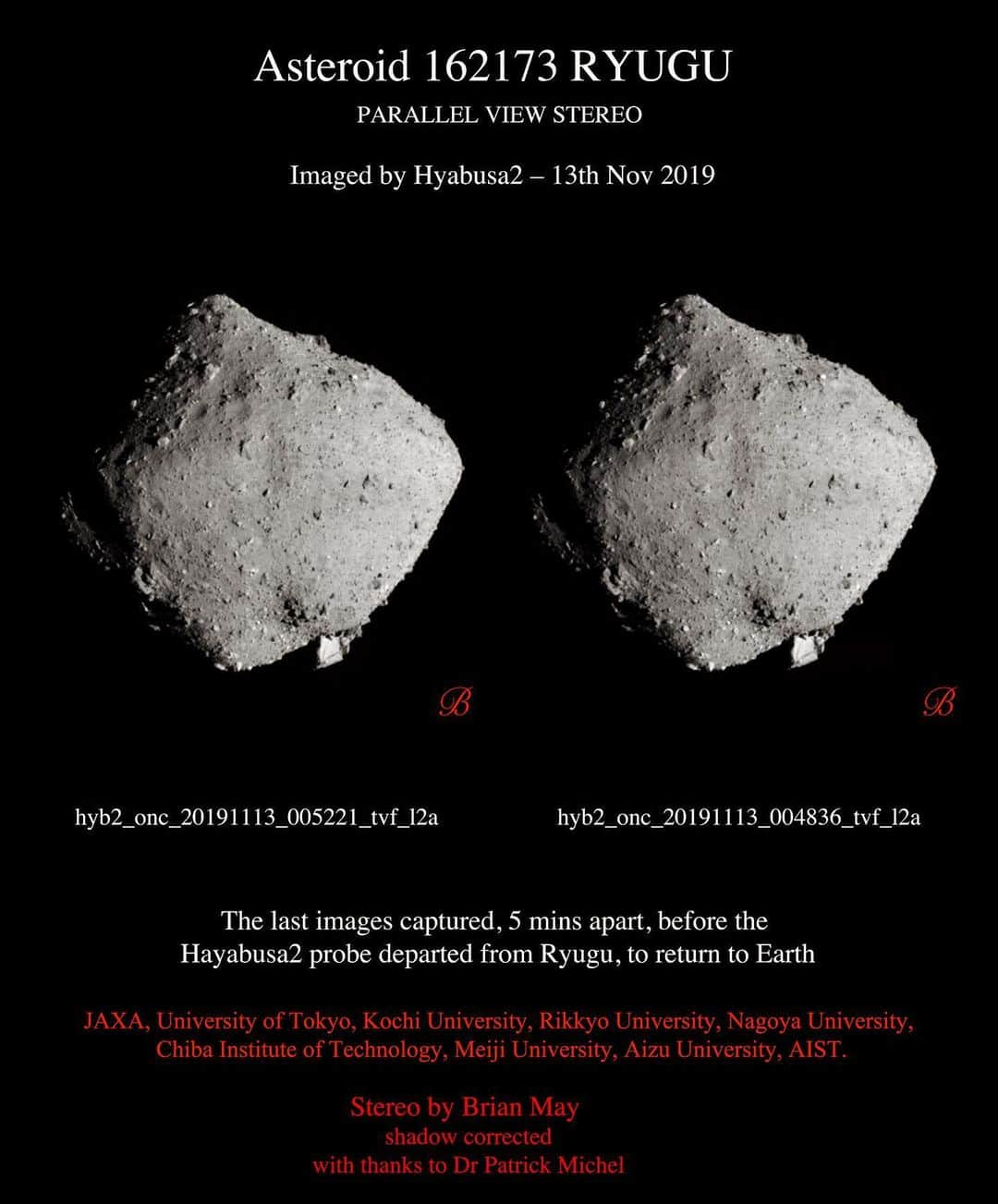 ブライアン・メイさんのインスタグラム写真 - (ブライアン・メイInstagram)「Last stereos of RYUGU - now properly processed and credited.  Please parallel free-view, or enjoy with a London Stereoscopic Company OWL on your laptop screen. And swipe, all ye cross-eyed folks to see a transposed version especially for you ! @hayabusa2. Bri. Apologies for the wrong spelling of HAYABUSA2 !!! BRI」11月14日 21時55分 - brianmayforreal