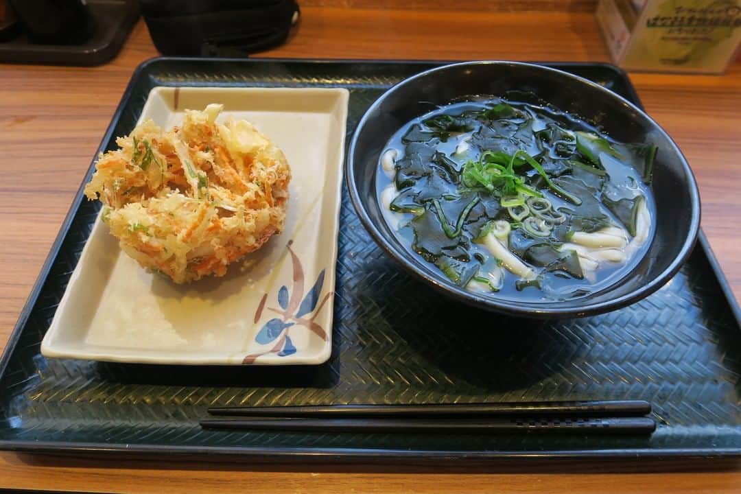 はなまるうどんのインスタグラム：「⭐⭐⭐⭐⭐⭐⭐ #わかめうどん と、 #野菜かき揚げ を食べてきました😉✨ #かけだし に野菜かき揚げを浸して食べると、  お出汁に旨味が染み渡って、また違う味を楽しめますね😉🌸 #はなまるうどん #hanamaruudon #ヘルシー天ぷら ⭐⭐⭐⭐⭐⭐⭐」
