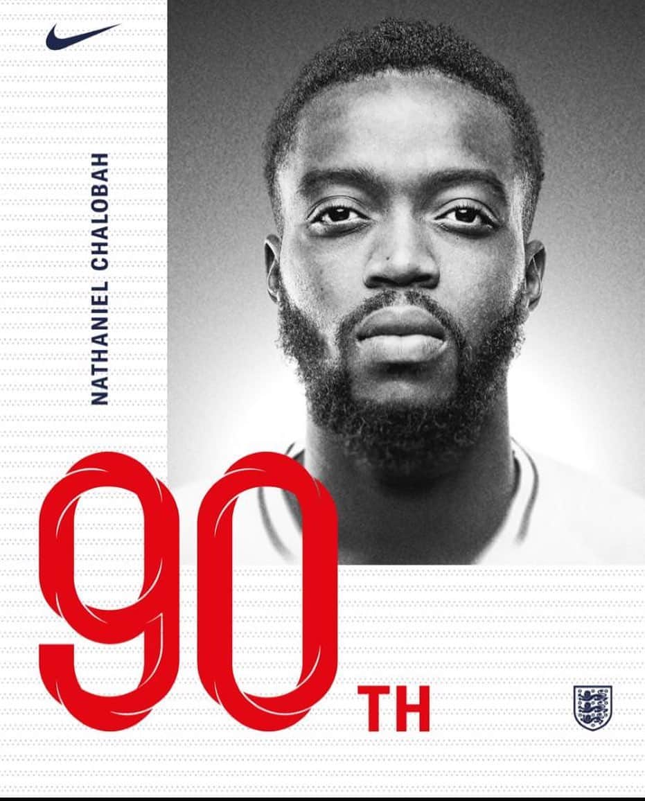 ナサニエル・チャロバーのインスタグラム：「Congrats @england on 1,000th game. An honour to wear the shirt. #90thblackplayer  @nikefootball @nikelondon」