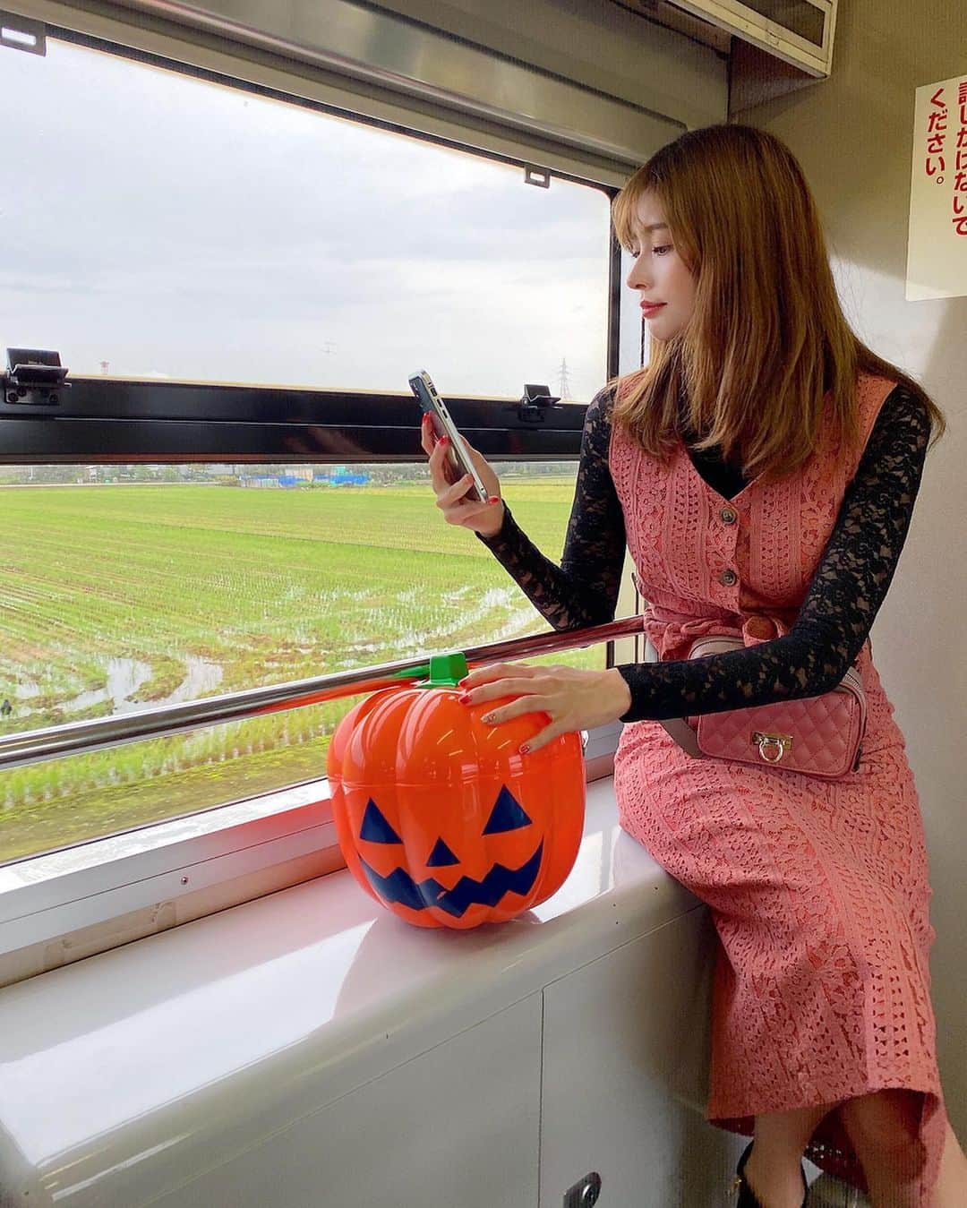 得あゆさんのインスタグラム写真 - (得あゆInstagram)「すっごい田舎🌾⛰🍁 富山帰って地元の電車乗ってみた🚃 ・ setup : @renaikeikaku_official bag : @rienda_official inner : @envym_official ・ ・ ・ ・ ・ ・ ・ ・ #富山#北陸#地元#秋服#秋#コーデ#コーディネート#ピンク#セットアップ#ハロウィン#家族#友達#大切#かぼちゃ#ワンピ#ワンピース#電車#インスタ映え#カメラ女子#オトナ女子#大人カジュアル#大人可愛い#スタイル#旅行#女子旅#タビジョ#setup#onepiece#pink#halloweencostume」11月15日 16時26分 - tokuayu819