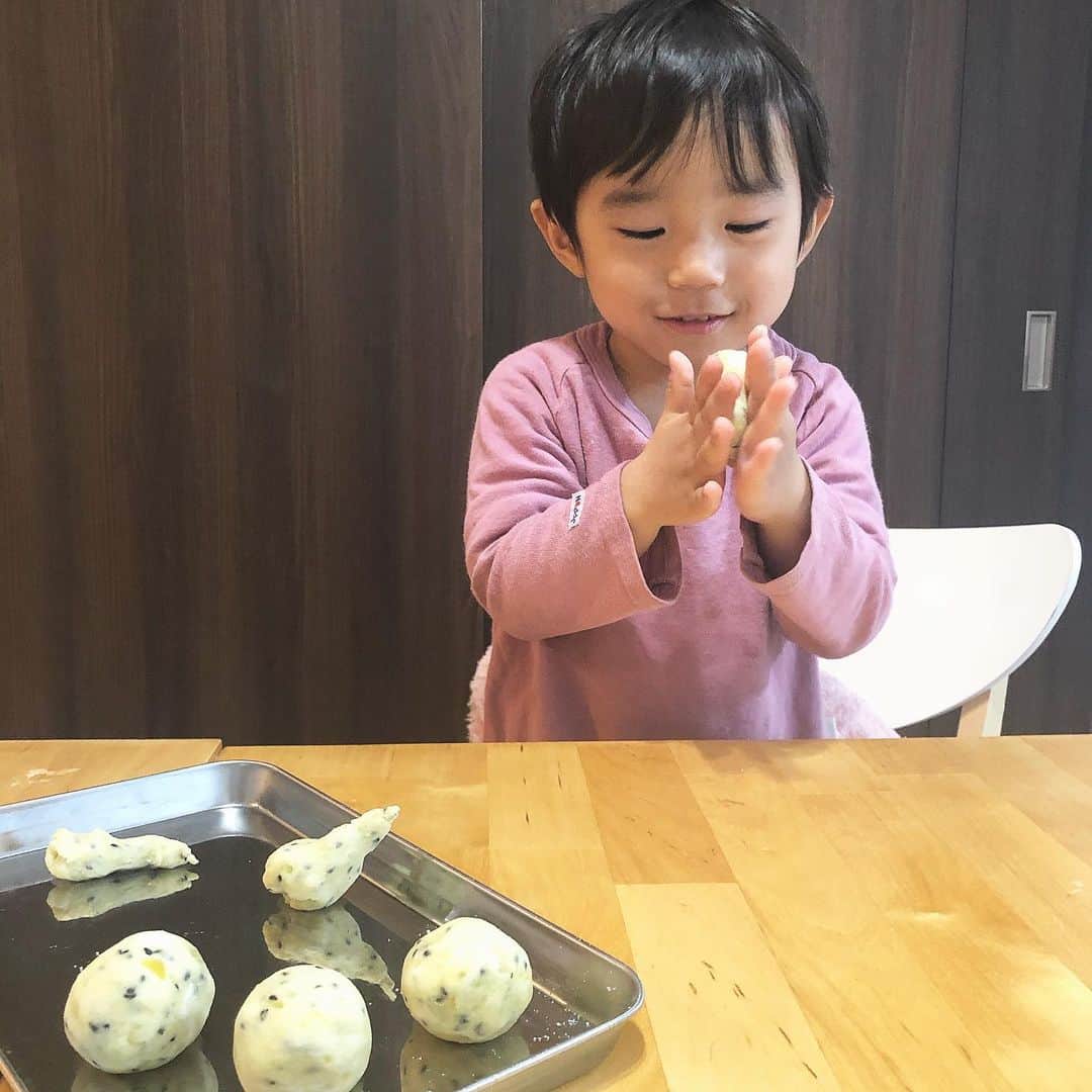 のインスタグラム：「さつまいもドーナツ🍠﻿ ﻿ 頑張ってお芋を潰して﻿ ころころしたドーナツは﻿ 美味しいみたい❤︎﻿ ﻿ でも途中から砂糖しかなめん🙃﻿ ﻿ #いびつな形はパパへ👨🏻﻿ ﻿ #さつまいもドーナツ﻿ #さつまいもスイーツ﻿ #おうちごはん﻿ #男の子ベビー﻿ #男の子ママ﻿ #2歳5ヶ月 ﻿ #2歳差育児﻿ #2歳差兄弟」