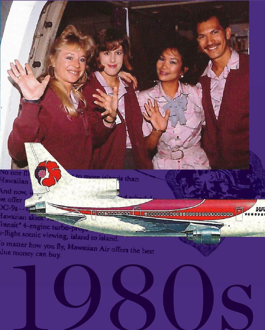 ハワイアン航空さんのインスタグラム写真 - (ハワイアン航空Instagram)「#ハワイアン航空90周年 💜  1980代はハワイアン航空にとって急成長の時代でした。この時に開設した就航先は今も就航している都市がほとんです。パゴパゴ、アピア（サモア）、パペーテ（フランス領ポリネシア）などの国際線運航を始めたのもこの時代でした。さらには、ロサンゼルス、ラスベガス、サンフランシスコ、シアトル、ポートランド、アンカレッジとアメリカ本土へも続々と就航先を拡大していきました。フリークエントフライヤープログラム、「 Travel Plus Worldwide」を開設し、それが「GoldPlus」に改名され、最終的には「HawaiianMiles」になったのです。」11月15日 20時15分 - hawaiianairlinesjp