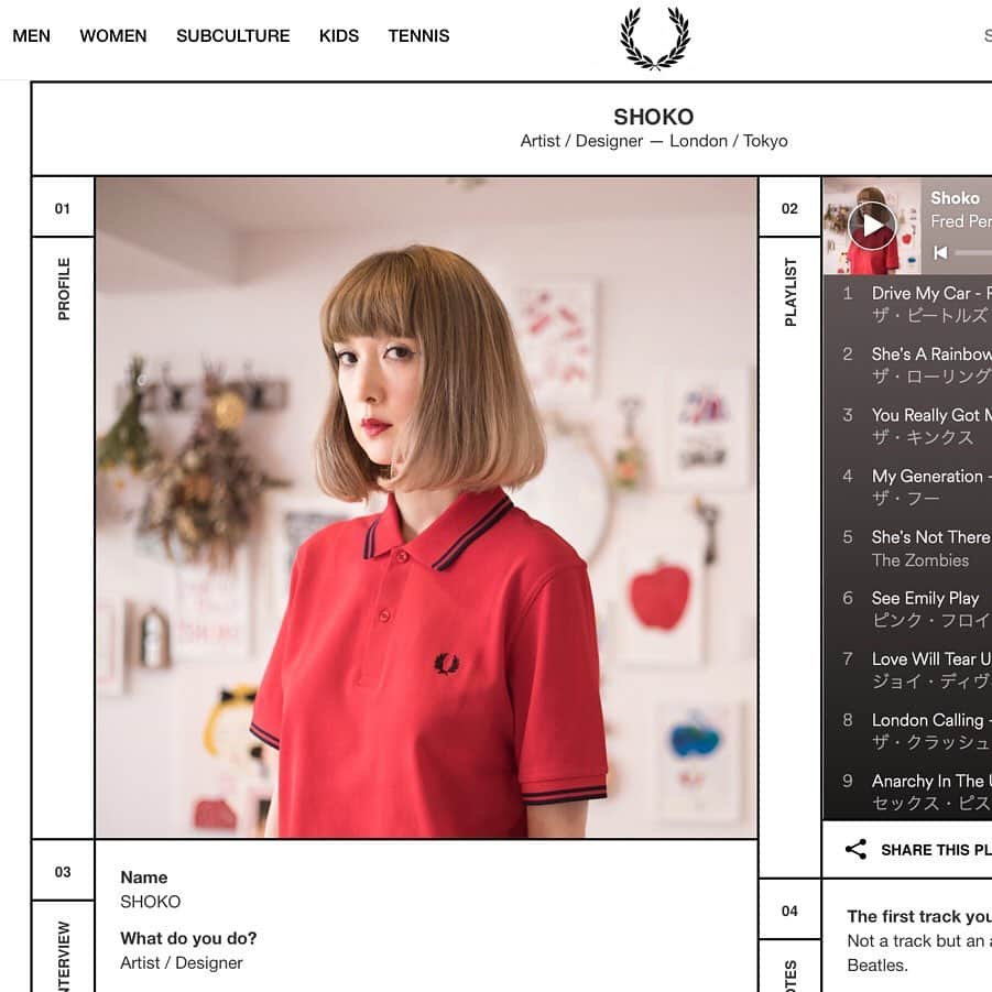 のインスタグラム：「My interview for #FredPerry 🇬🇧 #フレッドペリー のウェブサイトで、音楽にまつわるインタビューを受けました。 https://www.fredperry.jp/subculture/shoko/ （日本語/英語、両方あります） 私の好きな曲ばかりでプレイリストも作ったので、是非ご覧ください🎧」