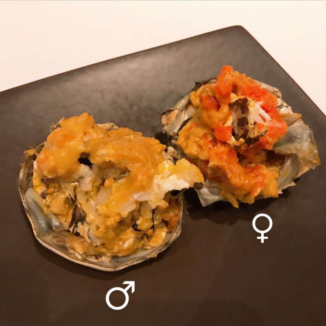 芦田桂子さんのインスタグラム写真 - (芦田桂子Instagram)「今の時期しか食べられない 上海蟹🦀 ・ ♂オスは白子が濃厚クリーミーすぎてビックリ美味しく ♀メスはタンパクなお味で美味しい 卵をごっそりすくい専用のタレをちょこっとかけて頂きました♡ ・ カニはカラダを冷やす陰の食材なのでカラダを温める陽の食材、生姜が入った紹興酒と共に🦀 特に冬の食、陰陽バランスはとりたいものです ・ 今年も美味しく頂けたことに感謝☺️ ・ #上海蟹  #2019 #季節の楽しみ  #美食  #グルメ  #陰陽バランス  #ごちそうさまでした」11月15日 21時54分 - keiko_ashida