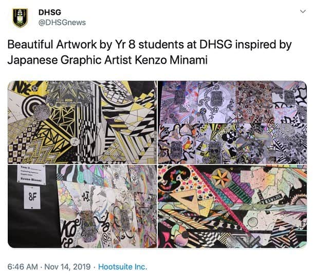 ケンゾーミナミのインスタグラム：「_ This is so wonderful and I am deeply honoured.  Thank you very much!  _ (記事訳: 「日本人グラフィックアーティスト、ケンゾウミナミにインスパイアされて英国DHSGの8年生の生徒達が制作した美しい作品達。」) _ https://twitter.com/dhsgnews/status/1194944740015427591?s=21」