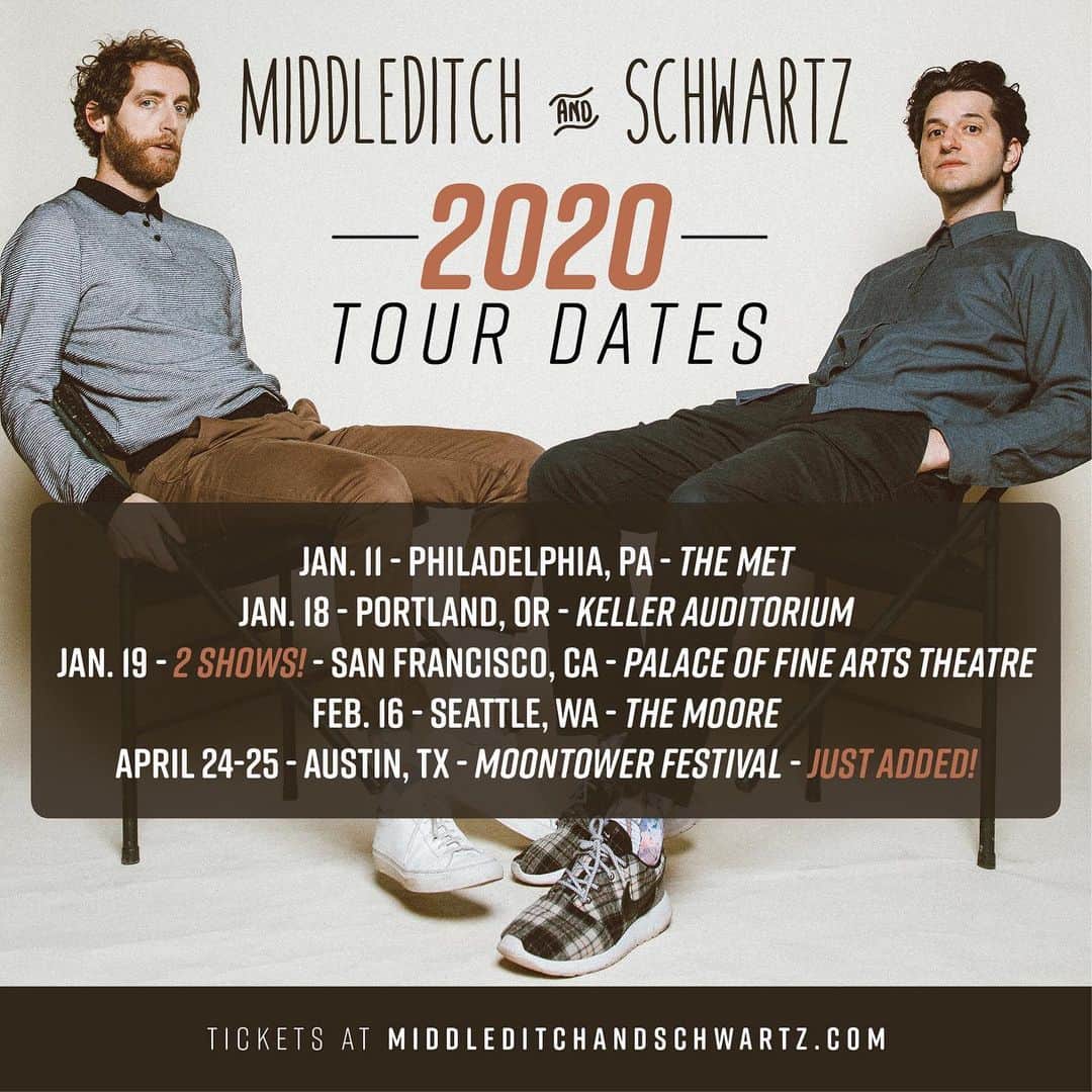 ベン・シュワルツさんのインスタグラム写真 - (ベン・シュワルツInstagram)「Austin! We are coming to you for two shows in April!  Here is where Middleditch & Schwartz is touring in early 2020. Philly, Portland, San Francisco, Seattle, Austin! Tickets on sale now at MiddleditchAndSchwartz.com」11月16日 4時31分 - rejectedjokes