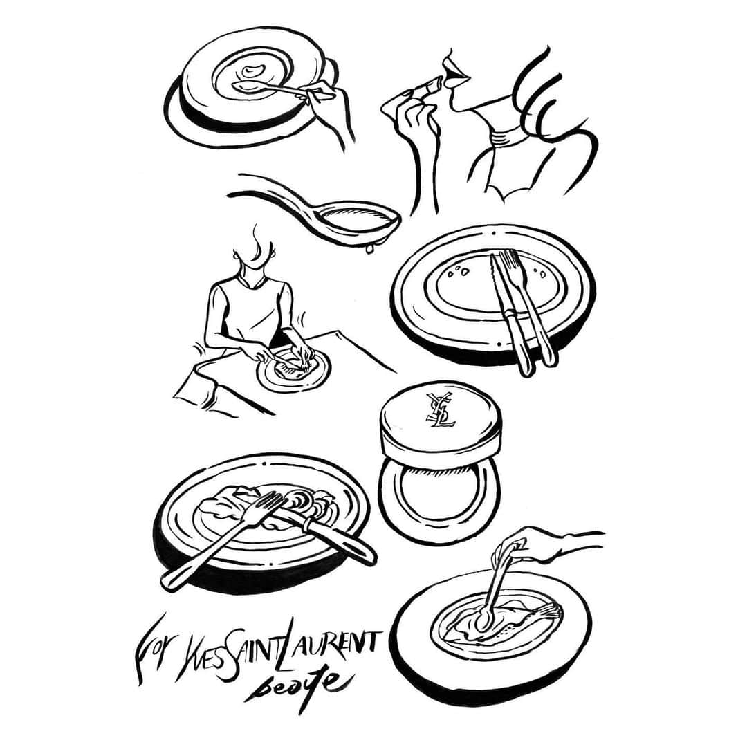 nanamyのインスタグラム：「Sharing my favorite work I did this year! Small drawing for 'ECOLE DE YSL beaute' table manner book at @conrad_tokyo ! Had fun to challenge a bit edgy and fashionable style✨🍽✨ ・ Thank you yagachan san! @transitgeneraloffice」
