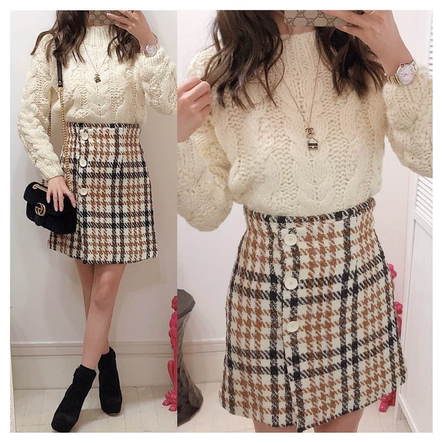 おまみのインスタグラム：「＊﻿ ＊﻿ coordinate 。♡﻿ ﻿ ﻿ tops:deicy﻿ skirt:deicy﻿ shoes:miumiu﻿ bag:gucci﻿ ﻿ ﻿ 冬はチェックなスカートが着たくなる 。♡﻿ @deicy_official のチェックスカート毎年めっちゃ可愛いよね 。♡﻿ ﻿ ﻿ #coordinate #code #outfit #ootd #wear #fashion #コーディネート #コーデ #コーデ記録 #ファッション #ファッションコーデ #おまみ服 #今日のコーデ #冬服 #冬服コーデ #ニットコーデ #ブーツコーデ #deicy #デイシー #チェックスカート #ミニスカート #gucci #グッチ #guccibag #miumiu #ミュウミュウ #コーデ日記 #冬ニット #checkskirt #todayscode」