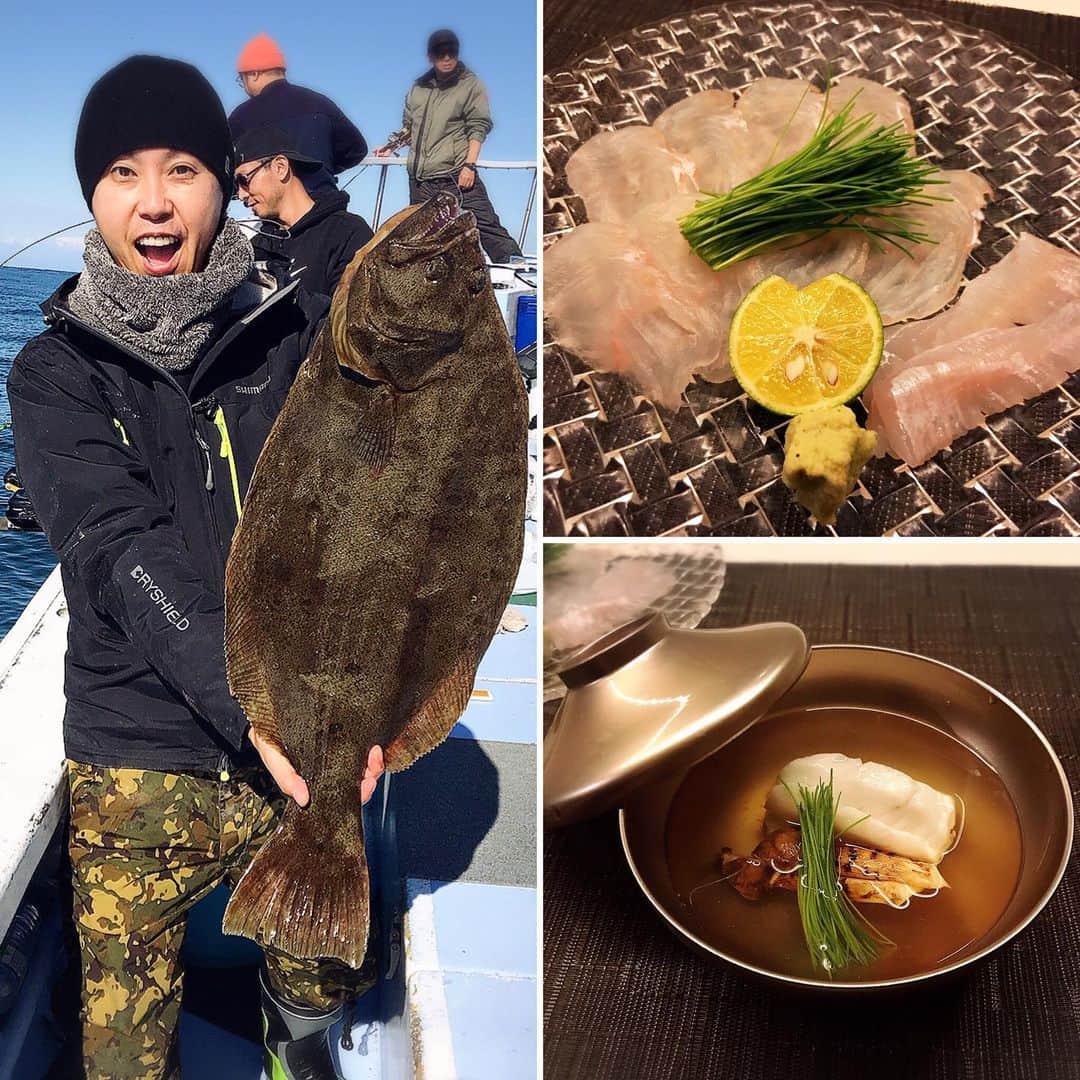 森脇和成のインスタグラム：「人生初ヒラメ釣り！ すんごいの釣れたー(°▽°) そして魚を麻布十番の「日本料理 礼（REI）」で料理していただきました！  自分で釣った魚を最高の料理人にさばいてもらって食べるという超贅沢！  一生心に残るような美味しさでした。  #日本料理 #礼 #麻布十番 #茨城県鹿嶋市 #不動丸 #ヒラメ釣り」