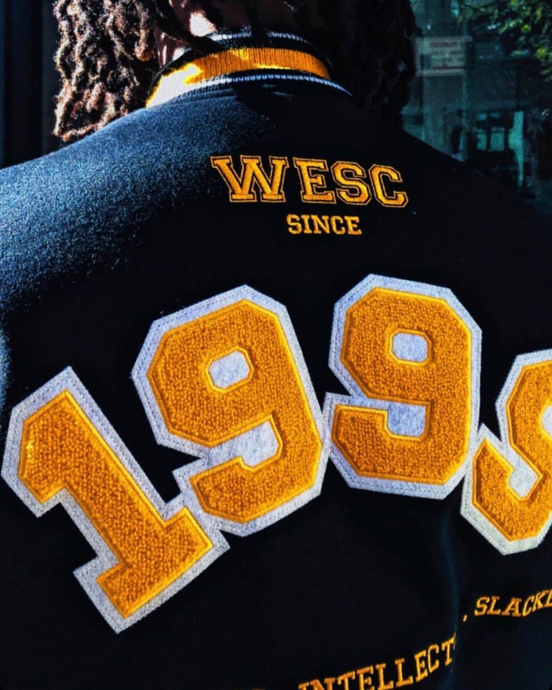 のインスタグラム：「Celebrating our 20th year anniversary, our collaboration with the timeless menswear brand @goldenbearsportswear was a special one. A limited edition Golden Bear Varsity Jacket, this premium varsity jacket collaboration will be exclusive to WeSC stores only in a limited collectible supply. Each piece features: Premium oxblood leather, wool melton, feather tipped ribbing, satin diamond quilted lining, embroidery and novelty chenille patches throughout.  #wesc #wearethesuperlativeconspiracy #goldenbear #varsityjacket #fw19 #20thanniversary #fall #winter #nyc #stockholm」
