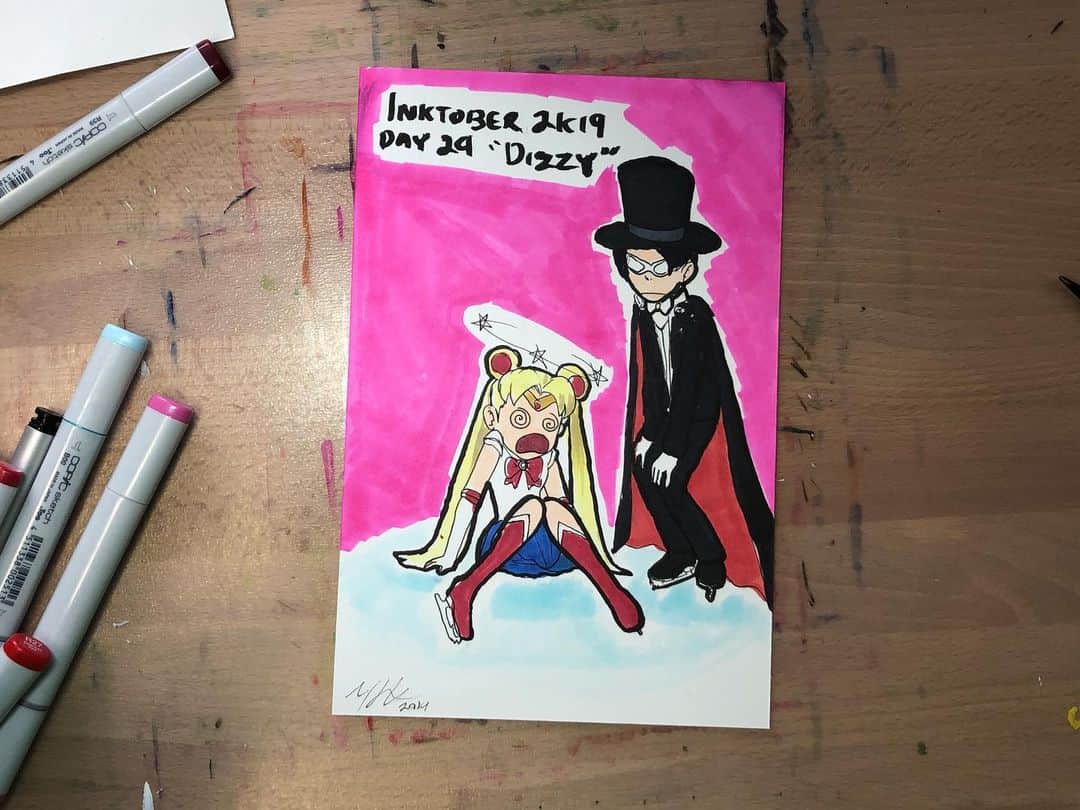 マックス・セットレージのインスタグラム：「#inktober2k19 day 24 “Dizzy” featuring Usagi and Tuxedo mask! In skates because like spinning and stuff. Suggested by @mysticalluna」