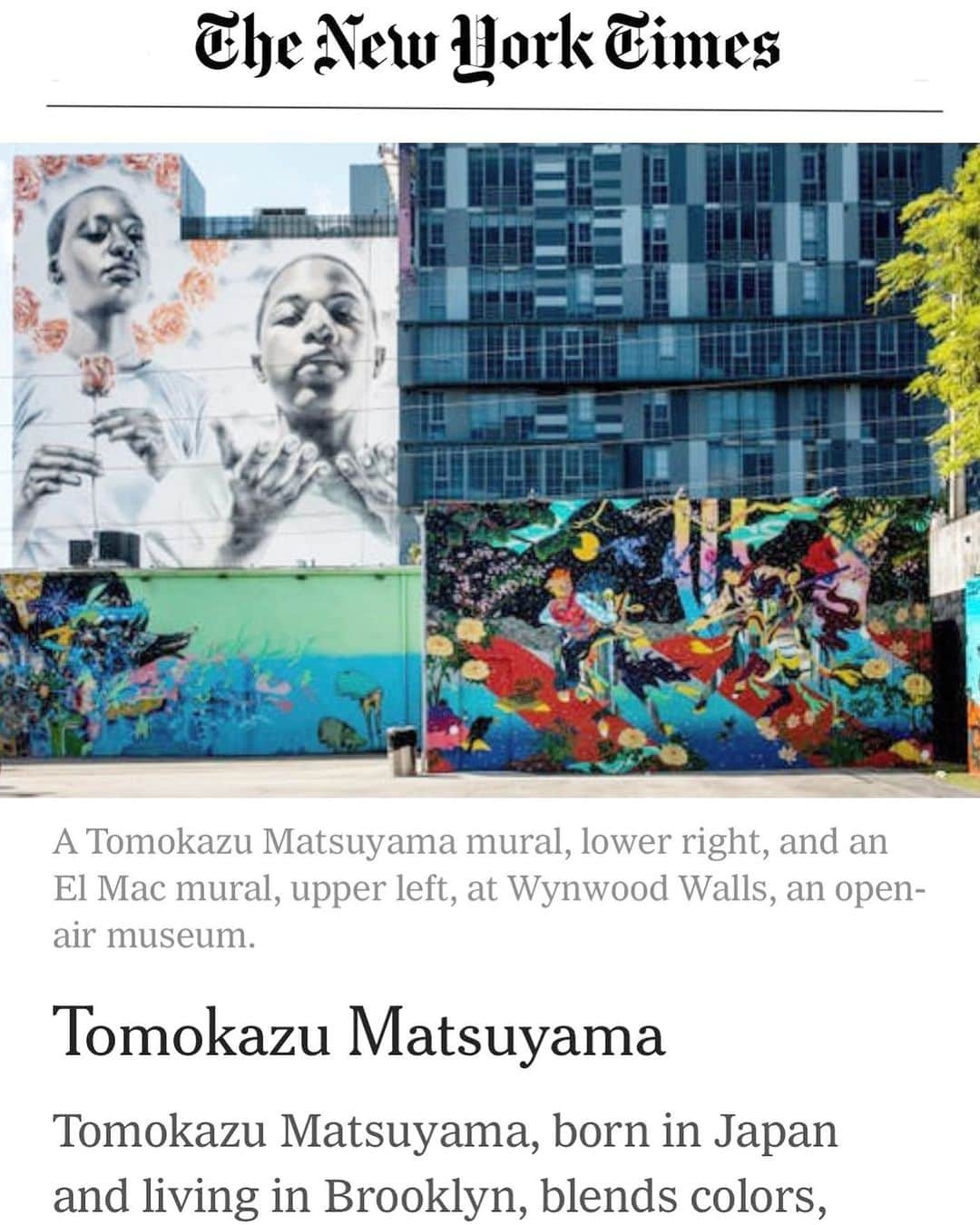 松山智一のインスタグラム：「Being a part of a long story / article in The NY Times @nytimes written by Joseph B. Treaster. Blessings and thanks to  @wynwoodwallsofficial @goldmanglobalarts  ニューヨークタイムス紙にて。以前関わった壁画も兼ねて松山が紹介されています。権威紙だけあり、毎回酷評されないか緊張する。セーフ。  Full article at (下記リンクにて) https://www.nytimes.com/2019/10/23/arts/miami-murals-wynwood.html?smid=nytcore-ios-share」