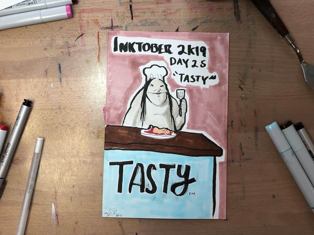 マックス・セットレージのインスタグラム：「#inktober2k19 day 25 “Tasty” featuring @buzzfeedtasty’s newest chef, the pale lady! Suggested by @jacobsimonsays」