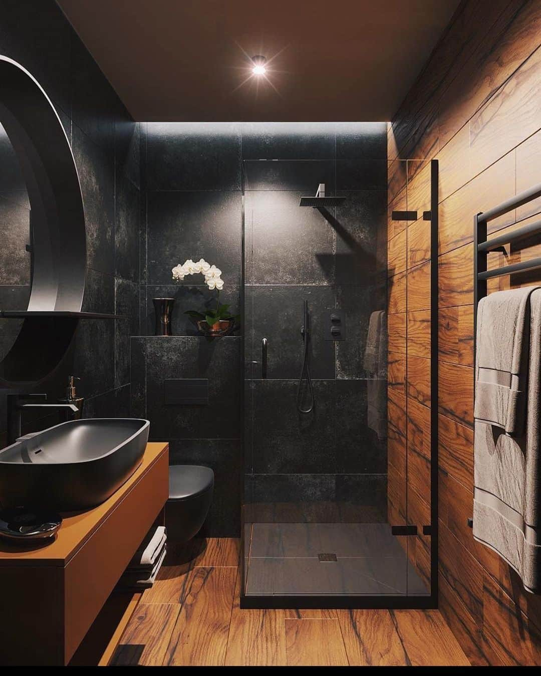 My Interiorさんのインスタグラム写真 - (My InteriorInstagram)「Wood mixed with black bathroom- what you think?  Too dark or just right? Credit @design_studio_tsimbalist」10月27日 2時27分 - myinterior