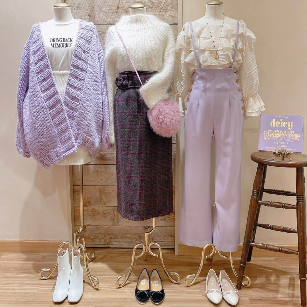 デイシーさんのインスタグラム写真 - (デイシーInstagram)「🕯lavender lovers...❤︎ . トレンドカラーのラベンダーを取り入れた新宿店オススメコーディネートをご紹介♪ .  #deicy #mecouture#deicyshinjuku #shinjuku #lumine #lumineshinjuku #2019aw#アイテム#ハート柄 #autumn#winter #pink#ピンク#ラベンダー#lavender#キャスケット#デイシー #ルミネ #ルミネ新宿 #pink#ブラウン #ニットカーディガン #タイトスカート #コート #レースビスチェ#チェックスカート#スカート#followme#ootd#shinjuku」10月27日 20時29分 - deicy_official