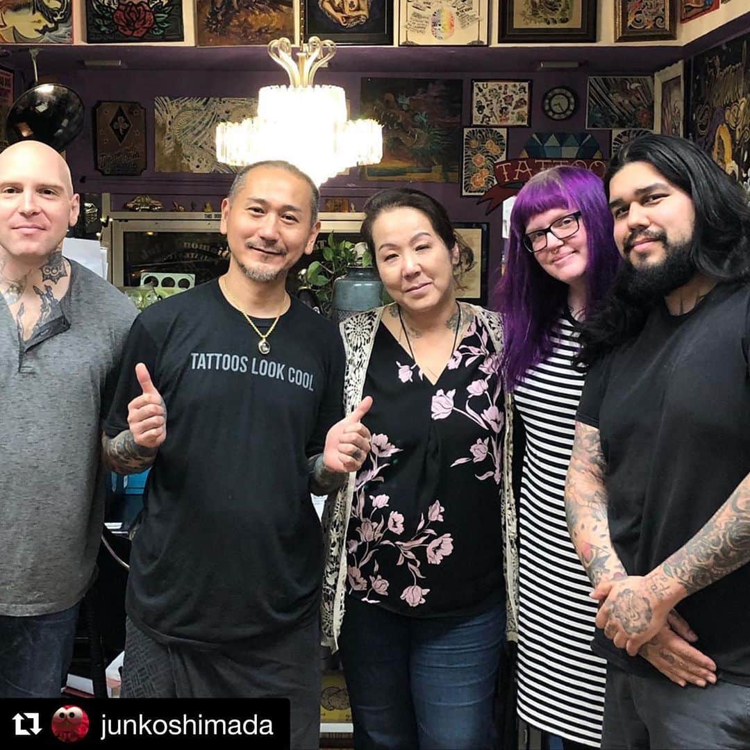 SHIGEのインスタグラム：「Thank you so much for your hospitality,, I feel honored guest spot at @diamondclubtattoo always,, @junkoshimada @brianissleepy @feoberumen @jeanniemarietattoos  @stew.butt  And, Thank you for everything Bill,, @diamondclubtattoo -  #Repost @junkoshimada with @get_repost ・・・ Had grest time with everybody thanks again!! @shige_yellowblaze @brianissleepy @feoberumen @jeanniemarietattoos @stew.butt ❤️❤️」