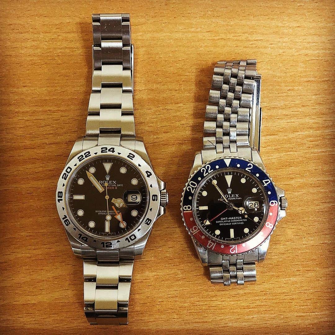 大川知英のインスタグラム：「ROREX  GMT MASTER & EXPLORER Ⅱ くっきー師匠のVintage GMT激シブ❗️ Eの真ん中がロング👁 いつか俺もDaytona買うんだ👨🏽‍✈️ #rorex#gmtmaster #explorer2  #vintage#俺もいつかデイトナ　 #amecajiboys #takatsubas#アメトイ部 #キャプテン #😅スーパーお金持ちの方でデイトナ付けてない方 かわりに僕が大事につけます🤡」