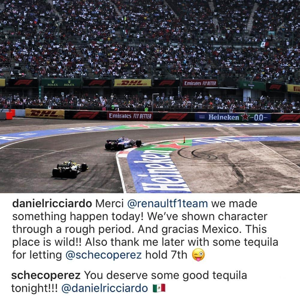 F1さんのインスタグラム写真 - (F1Instagram)「Danny Ric was true to his word 📮 And still ended up earning a tequila from @schecoperez! 😉  #F1 #Formula1 @danielricciardo @schecoperez @renaultf1team @racingpointf1 #MexicoGP」10月28日 20時21分 - f1