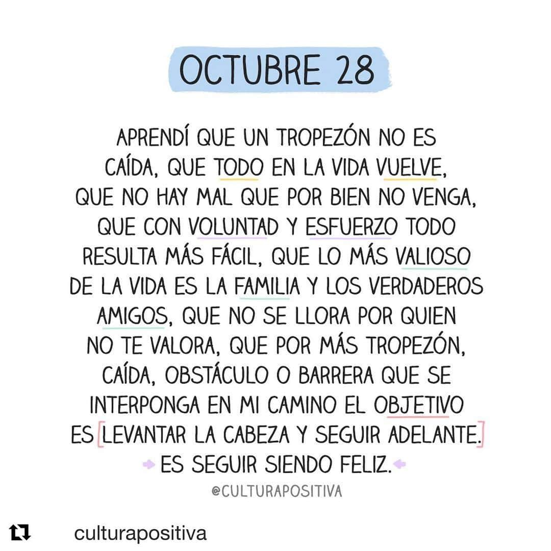 ロベルト・ロサレスさんのインスタグラム写真 - (ロベルト・ロサレスInstagram)「#Repost @culturapositiva with @get_repost ・・・ ✨Buen día! 🌞 A levantarse y disfrutar el día. Comienza la semana. Que nada ni nadie nos distraiga de nuestras metas. Que le hagamos frente a todo con esfuerzo y confianza. Que nos agarremos fuerte de los que tenemos cerca. Que avancemos juntos. Que los miedos funcionen como impulso para superarnos.  Que a partir de hoy, y a pesar de todo, decidamos ser felices. 🙌 Feliz comienzo de semana! . ✨¿Estás de acuerdo? Comenta: SI! 👐 ¿Conoces a alguien que necesita escuchar esto? Mencional@! . Aprendí que un tropezón no es caída, que todo en la vida vuelve, que no hay mal que por bien no venga, que con voluntad y esfuerzo todo resulta más fácil, que lo más valioso de la vida es la familia y los verdaderos amigos, que no se llora por quién no te valora, que por más tropezón, caída, obstáculo o barrera que se interponga en mi camino el objetivo es levantar la cabeza y seguir adelante. Es seguir siendo feliz. Síguenos 👉 @culturapositiva . Texto de la imagen 📝 Desconocido (Lo conoces? Avísame!) Texto del post 📝 @juanberteaux . #CulturaPositiva #FrasesPositivas #MentePositiva #FrasesMotivadoras #Frases #objetivos #FraseDelDia #frasesdeldia #BuenasVibras #VidaSana #PiensaPositivo #PiensoEnPositivo #YoPiensoEnPositivo #Optimismo  #Actitud #ActitudPositiva #FrasesQueMotivan #familia #Consejos #buendia #buenosdias #lunes #felizsemana #comienzodesemana #aprendizaje #voluntad #esfuerzo」10月28日 22時10分 - robertico_r